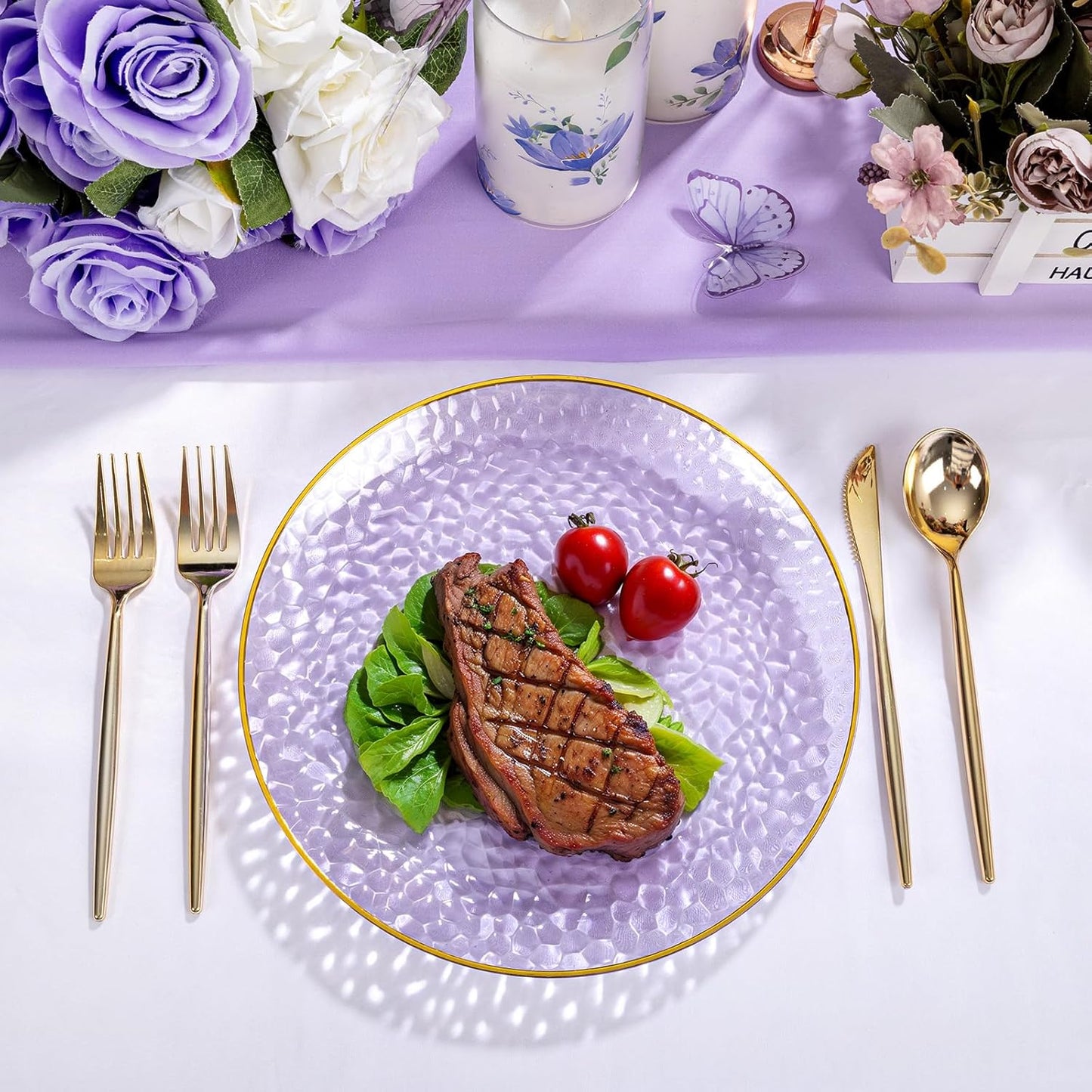 Rubtlamp 100Pcs Plastic Purple Dinner Plates, Heavy Duty 10 Inch Gold Disposable Plates, Hammered Purple Plates with Gold Rim, Fancy Plastic Plates for Weeding Parties