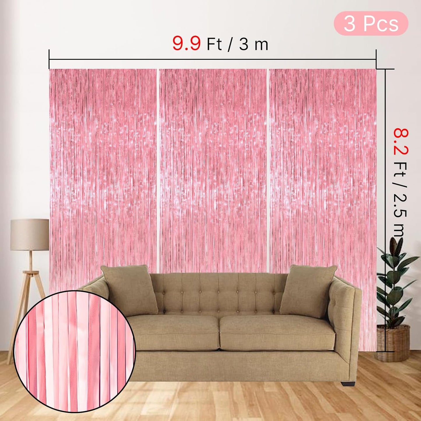 PartyWoo Pink Streamers Foil Fringe Curtain Backdrop 3Pcs 8.2ft Pastel Baby Light Pink Tinsel Backdrop for Princess Girls Baby Shower Birthday Graduation Wedding Sweet Bow Party Decorations