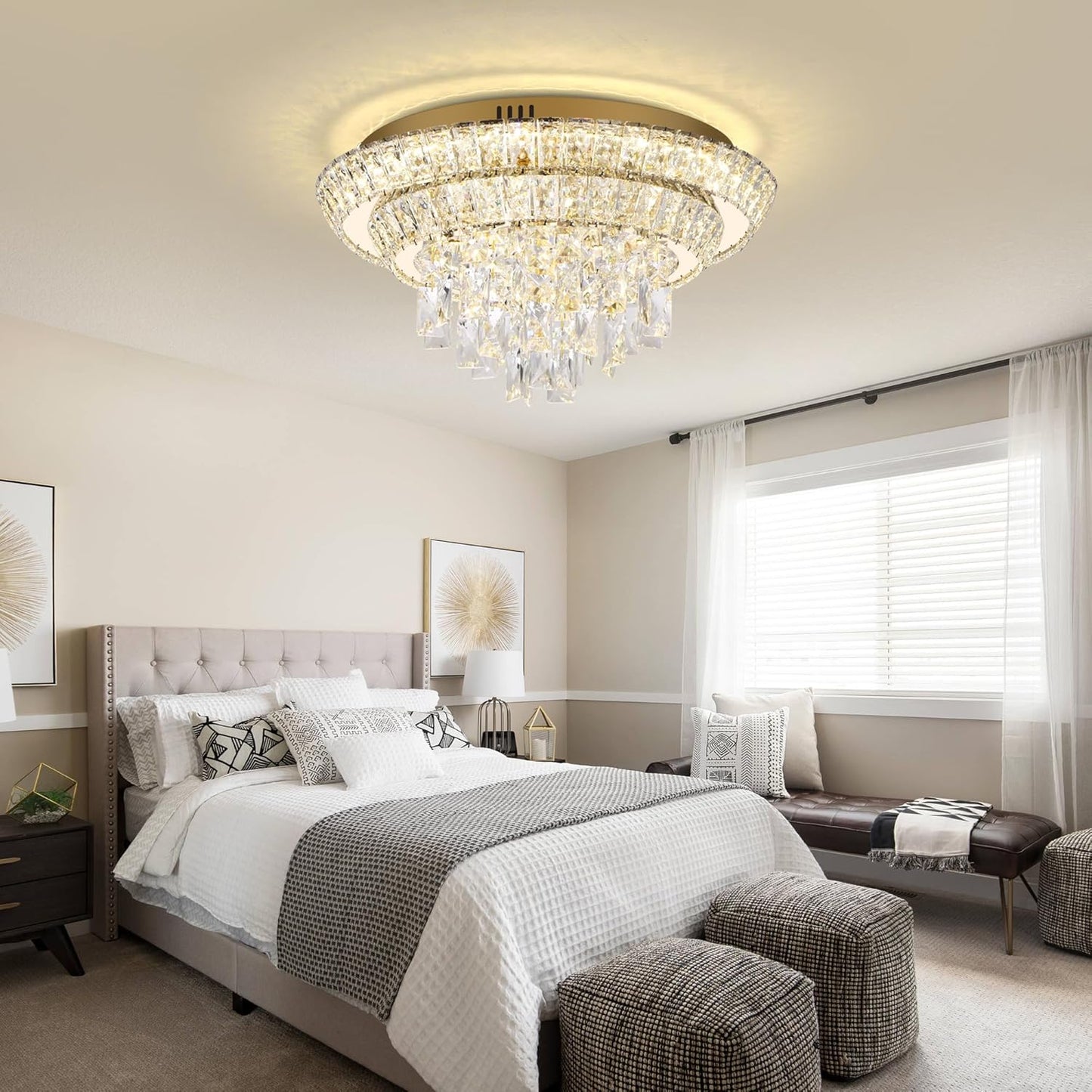 18 inch Crystal Gold Ceiling-Light Flush Mount with Remote Control and APP, 3CCT Dimmable & Brightness Adjustable, Modern Crystal Raindrop Chandeliers for Bedroom Hallway Dinning Room Living Room