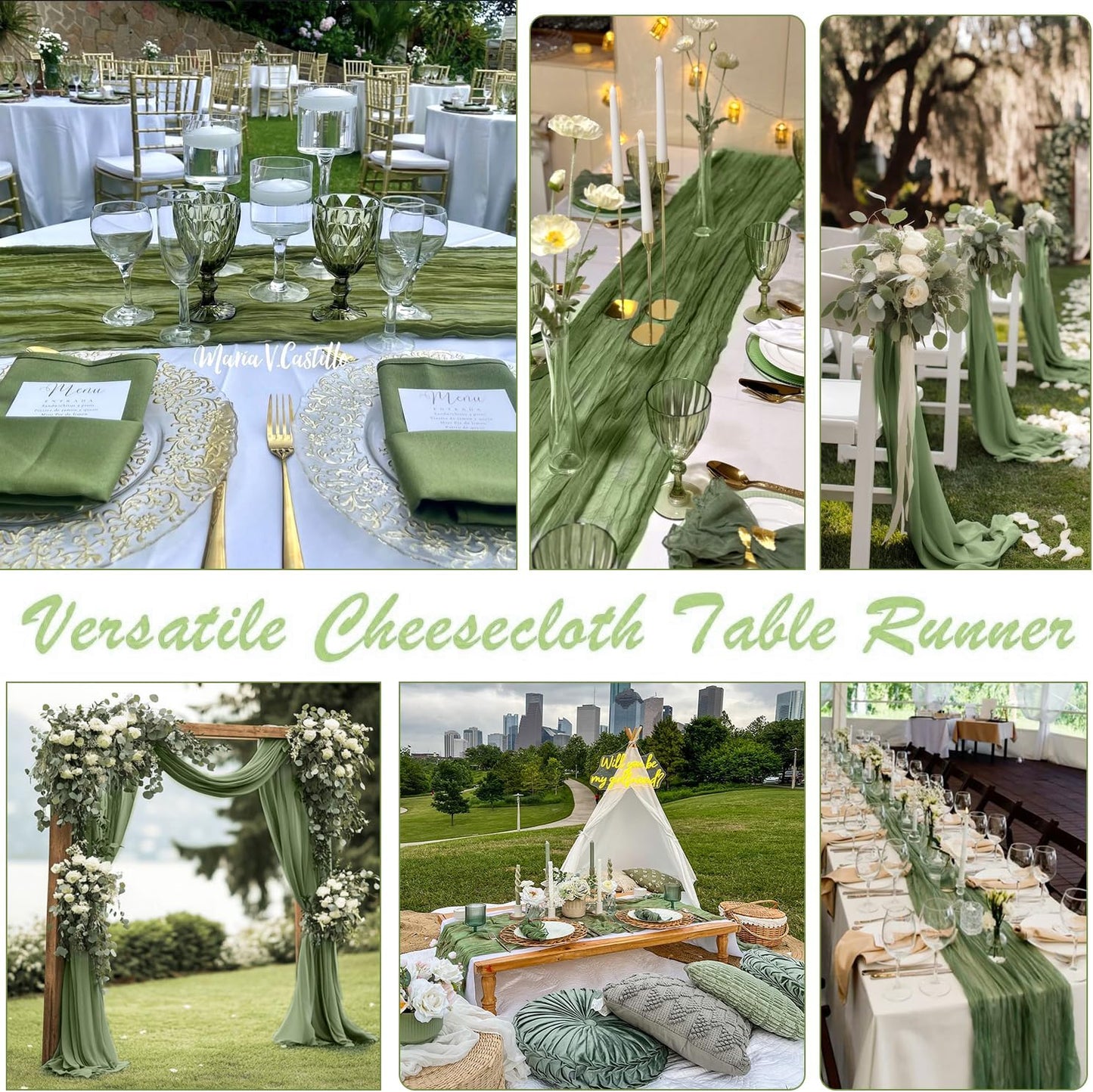 10 Packs Olive Green Cheese Cloth Table Runners, 10FT Boho Gauze Moss Green Cheesecloth Table Runner for Wedding Bridal Baby Shower Fall Thanksgiving Table Decoration