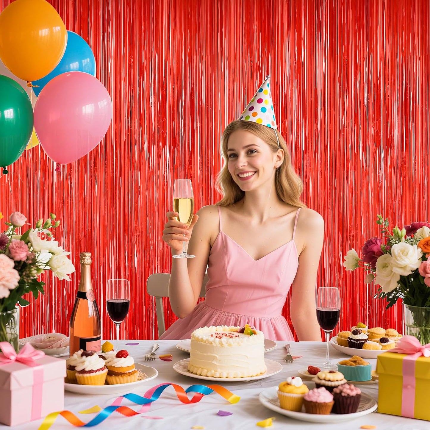 Red Tinsel Backdrop, 2Pack Fringe Curtains, Red Foil Tinsel Party Streamer Backdrop Curtains, Engagement Wedding Photo Backdrop Party Decorations for Wedding Anniversaries Christmas Baby Shower Decors