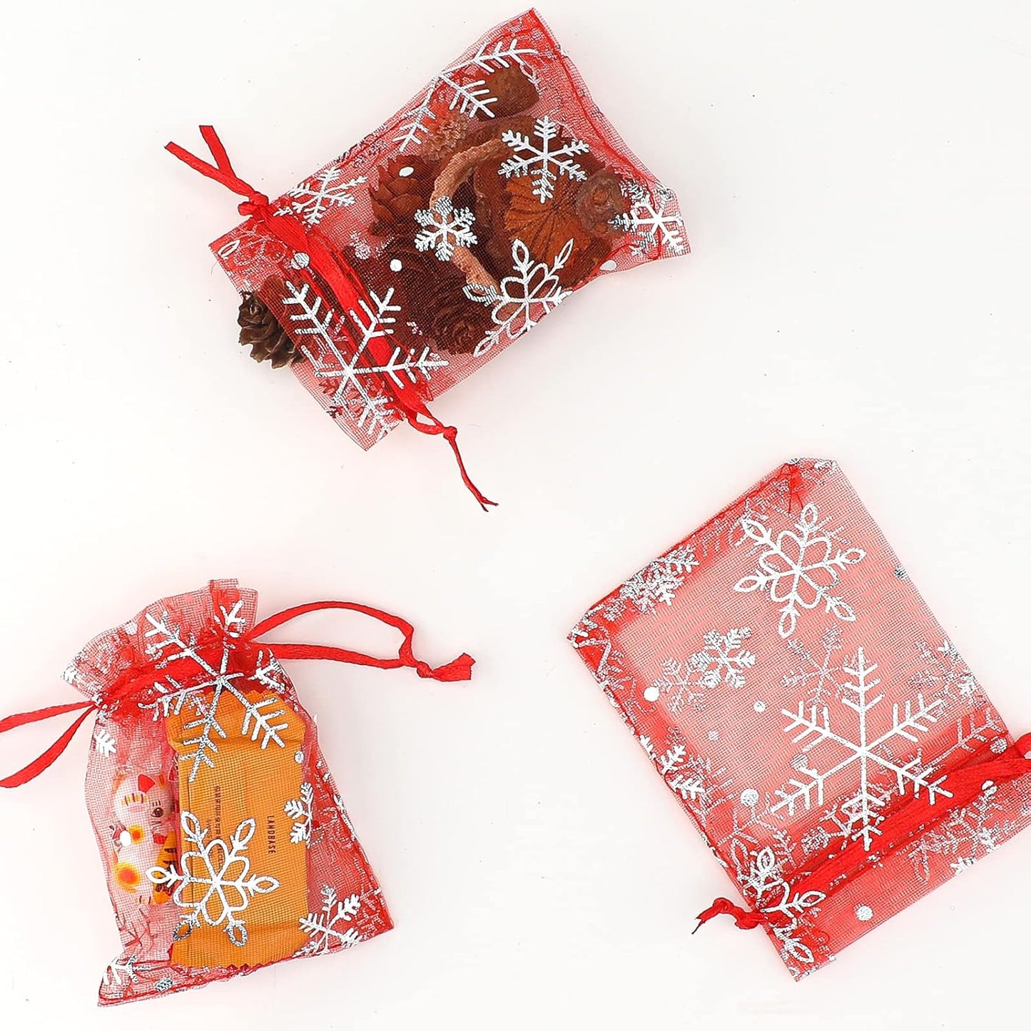 jijAcraft 3x4 Inch Christmas Organza Bags - 100Pcs Red Snowflake Gift Bags with Drawstring, Xmas Party Favor Sheer Mesh Pouches for Winter Gift, Candy, Jewelry Bag