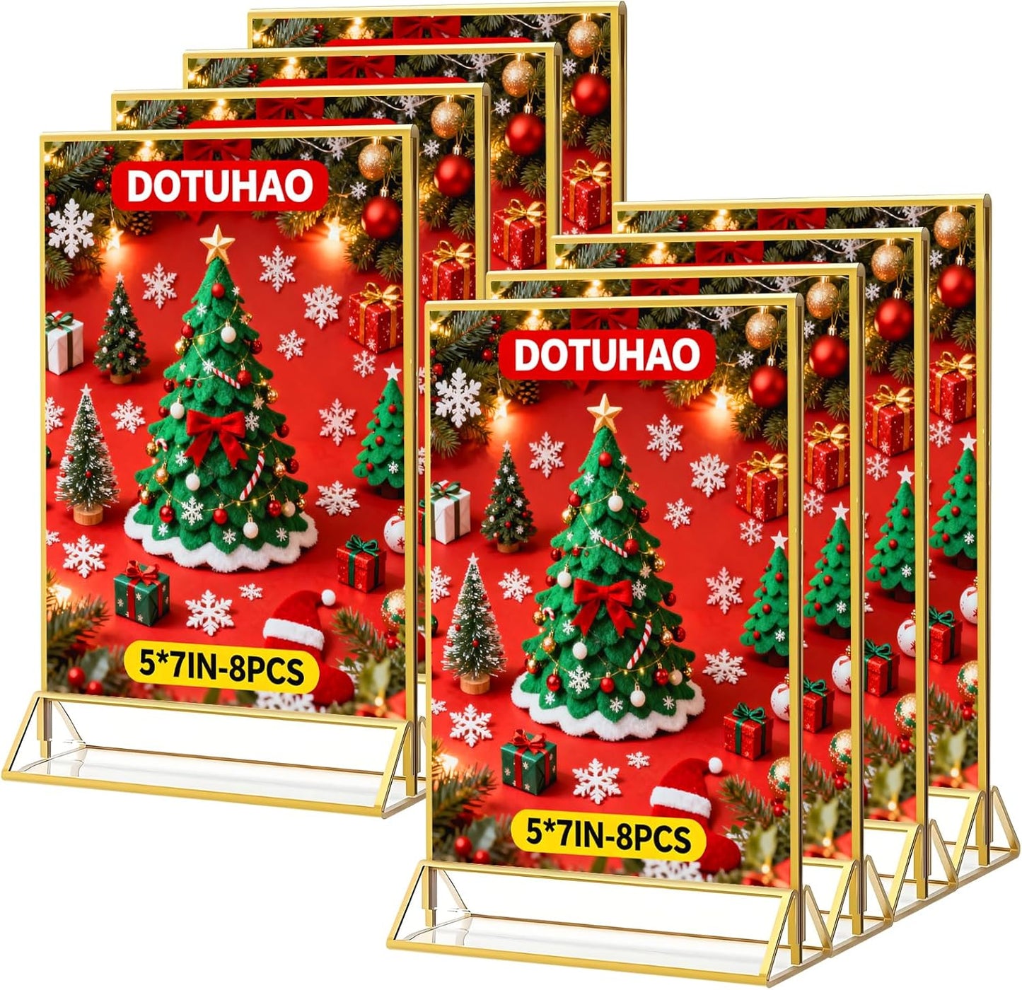 Acrylic Sign Holder, 5 x 7 Inch Gold Frames, 8 Pack Double-Sided Gold Display Stand Picture Frames, Table Signs Holders for Table Menus, Offices, Weddings, Flyers and Photo Frame (8 PCS)