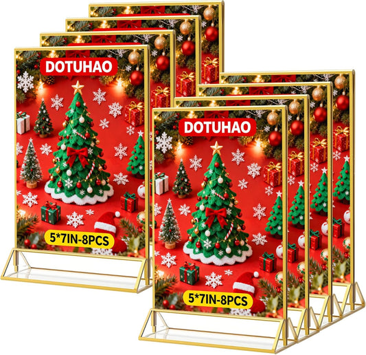 Acrylic Sign Holder, 5 x 7 Inch Gold Frames, 8 Pack Double-Sided Gold Display Stand Picture Frames, Table Signs Holders for Table Menus, Offices, Weddings, Flyers and Photo Frame (8 PCS)