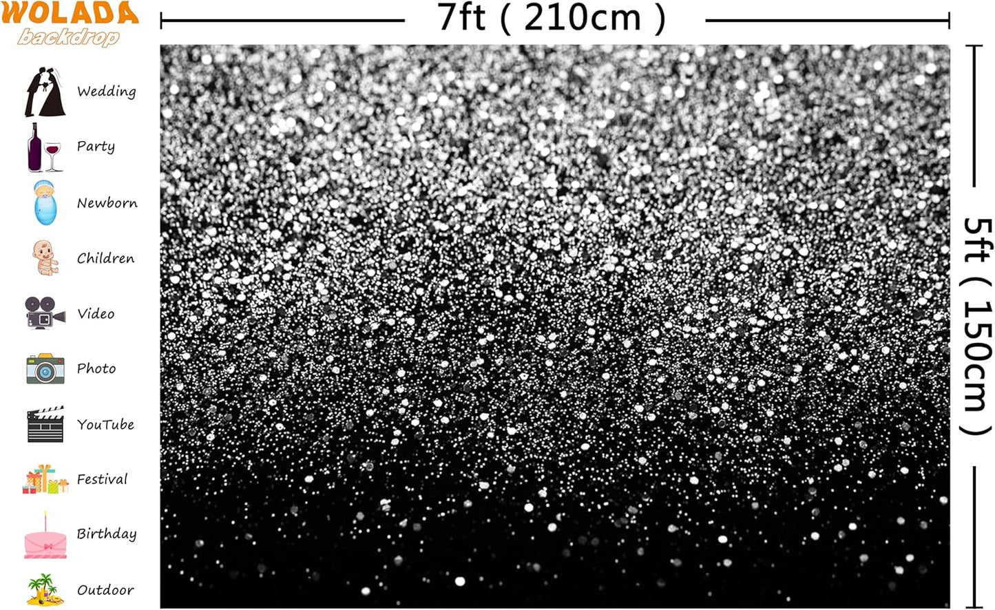 WOLADA Black and Silver Backdrop Silver Glitter Backdrop for Photography Wedding Birthday Baby Shower Party Photo Studio 7x5FT FW18