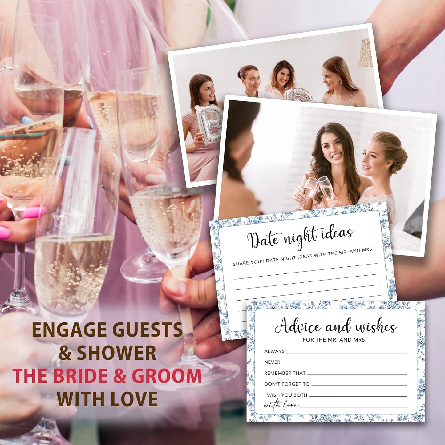 50 Pcs Advice and Wishes for the Mr and Mrs Cards in Box - Bridal Shower Guest Book - Perfect for Newlywed Games, Reception Decor, Engagement Parties & Anniversary Wishes(Vintage Floral) - B08