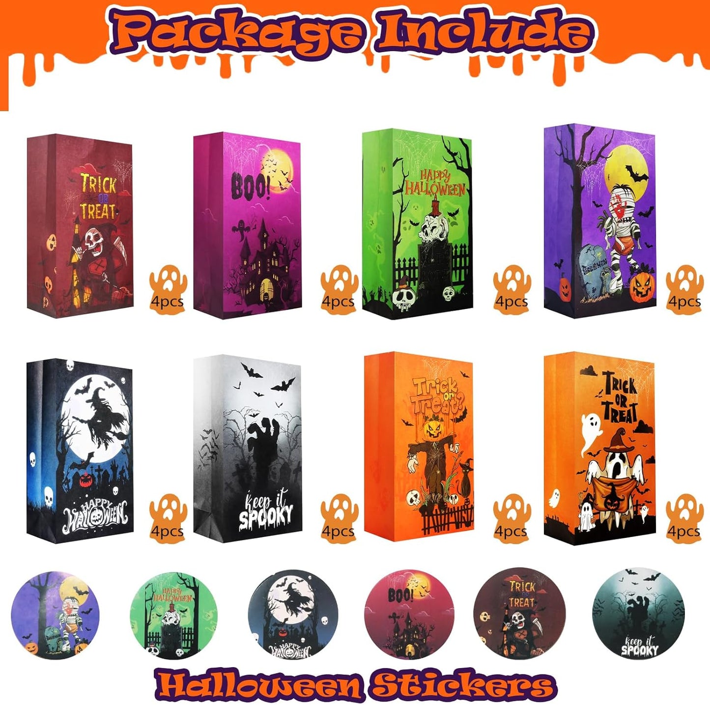 Halloween Treat Bags - 32Pcs Halloweens Trick or Treat Goody & Goodie Bag for Candy with Stickers, Halloween Party Favors Paper Trick or Treating Gifts Bags Halloween Candy Bags Party Supplies