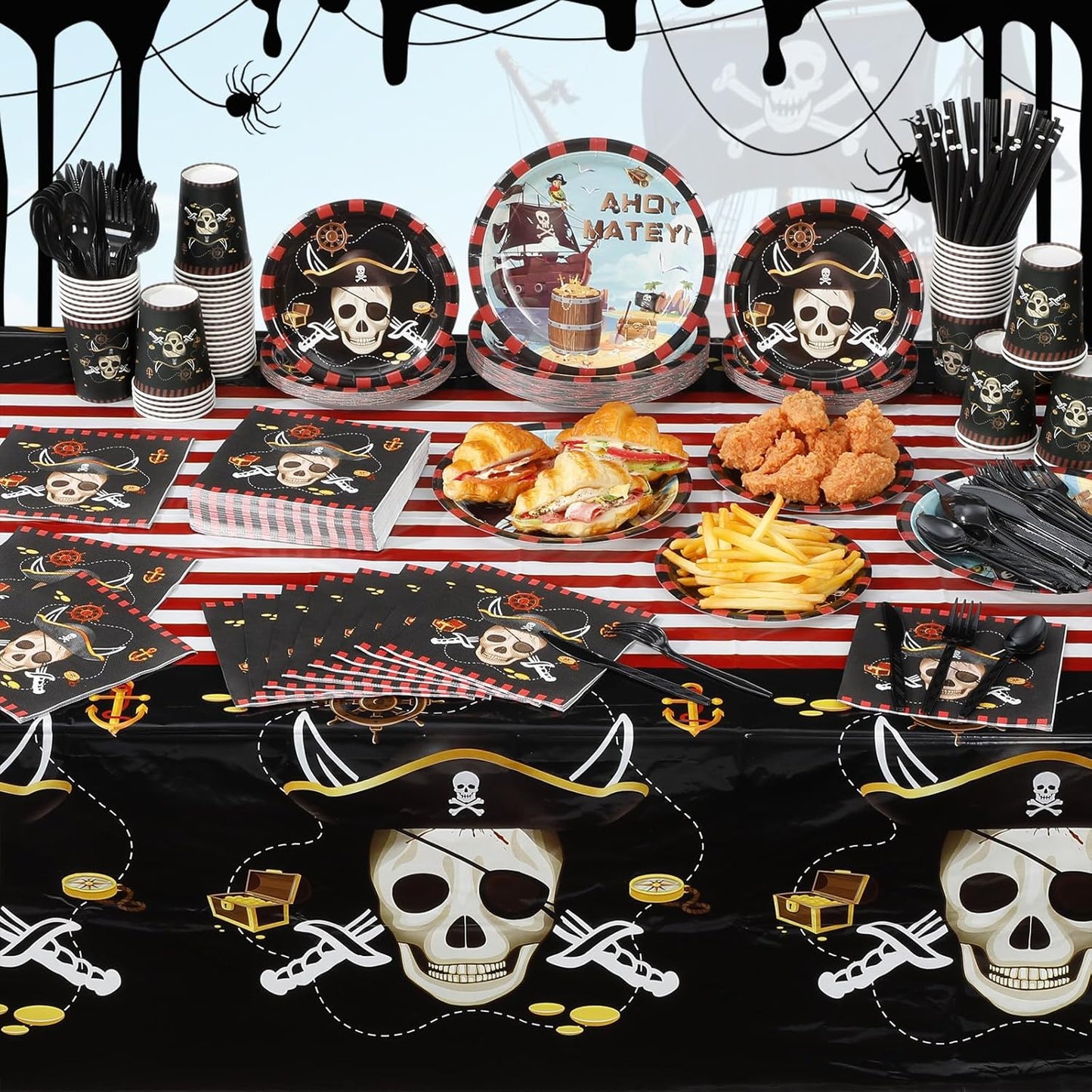 452 Pcs Pirate Party Supplies Decorations for 50 Guests, Pirate Treasure Theme Paper Plates Napkins Cups Tablecloth Cutlery Straws for Adult Halloween Birthday Party Decorations