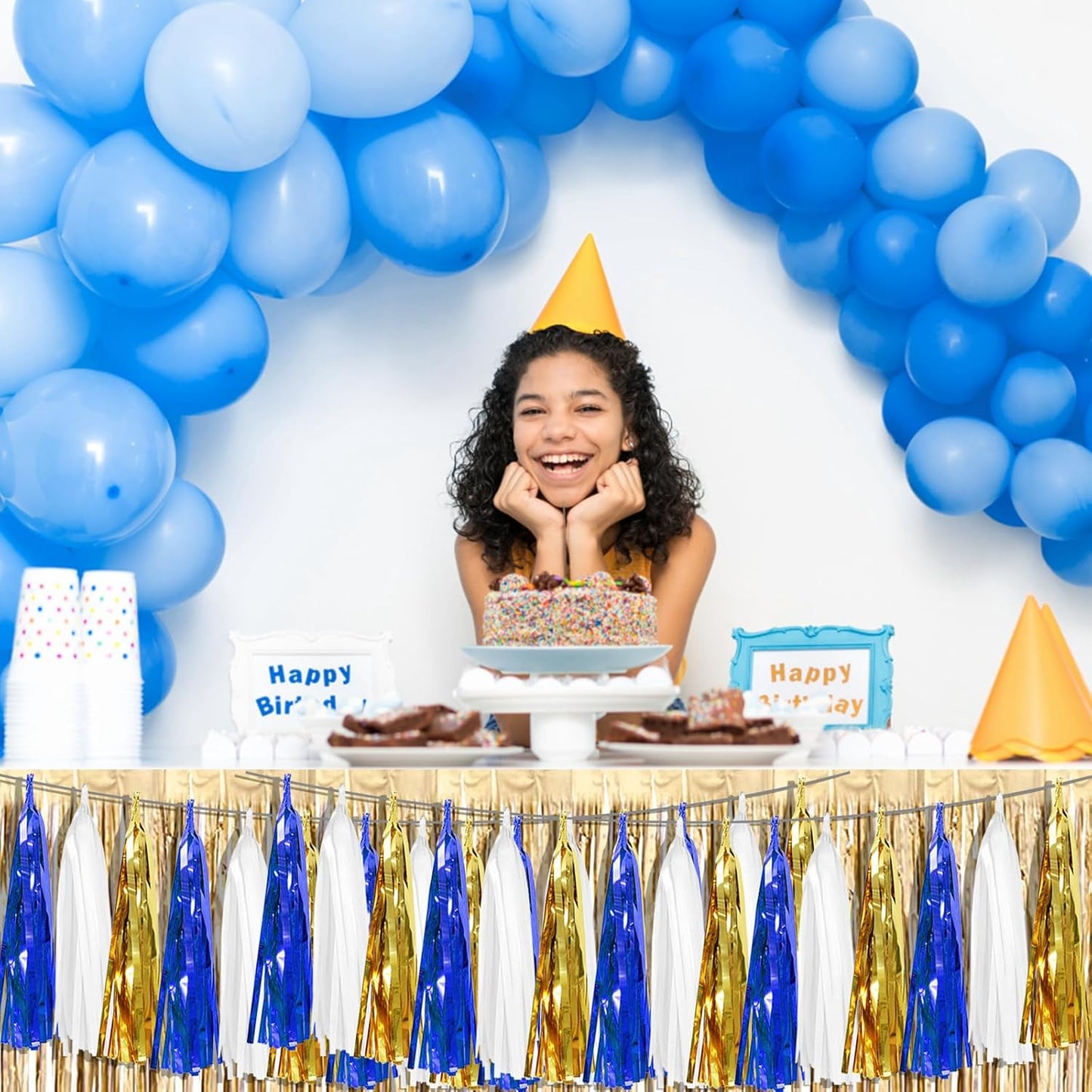 6P Navy-Blue White-Gold Foil Fringe Metallic Tassel-Garland, Tassels Banner Streamers for Parade Floats, Bachelorette, Wedding, Birthday, Graduation, Christmas, Bridal/Baby Shower Party Decorations