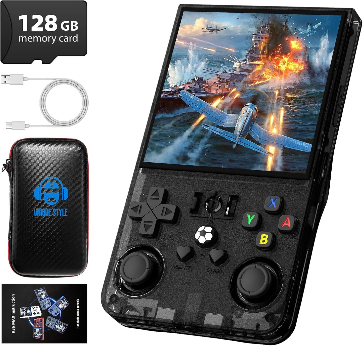R36MAX Retro Handheld Game Console, 4.0 Inch 720x720 IPS Screen, Built-in 22,000+ Classic Game, Portable Hand Held Open Source Linux System, 4000mAh Battery Retro Gaming Console (Black 128GB)