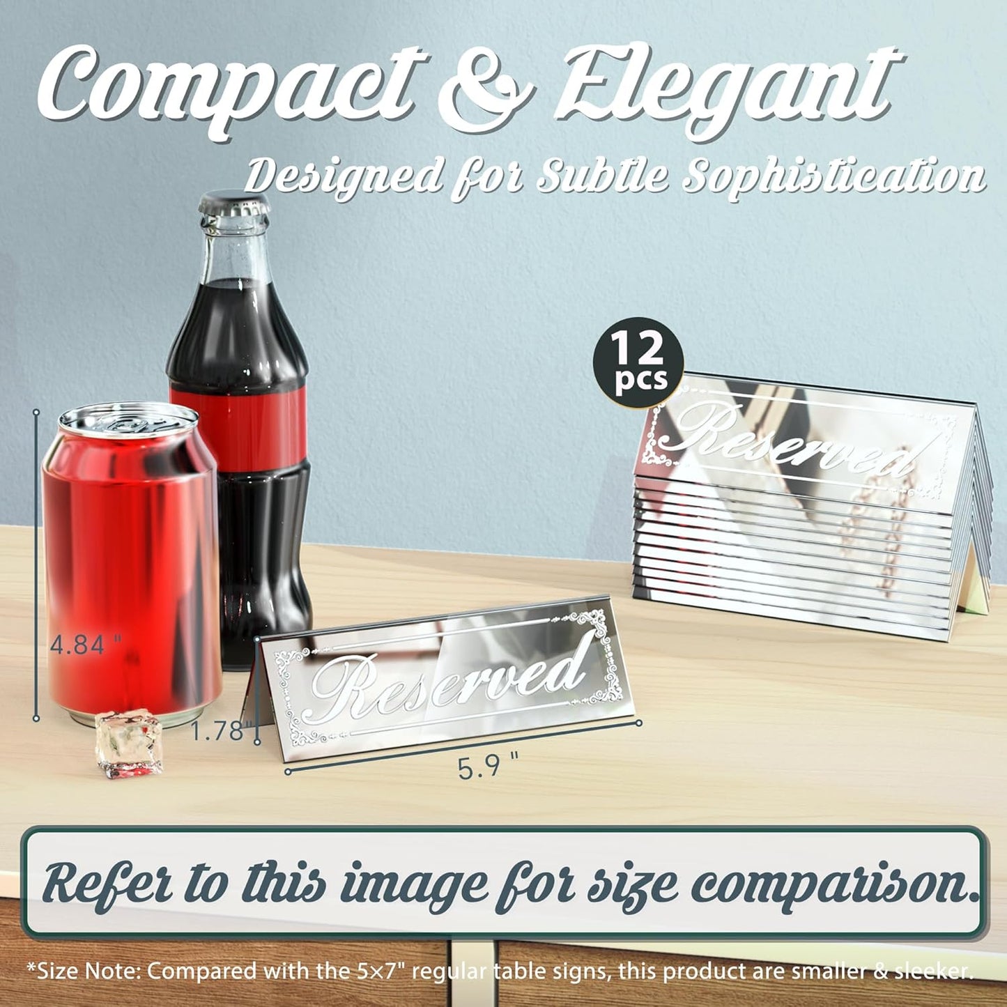 12 Pcs 6" x 2" Silver Reserved Table Signs, Mirrored Double Sided Table Tent Signs with Suede Cloth, Reservation Seat Indicators for Wedding Restaurant Party