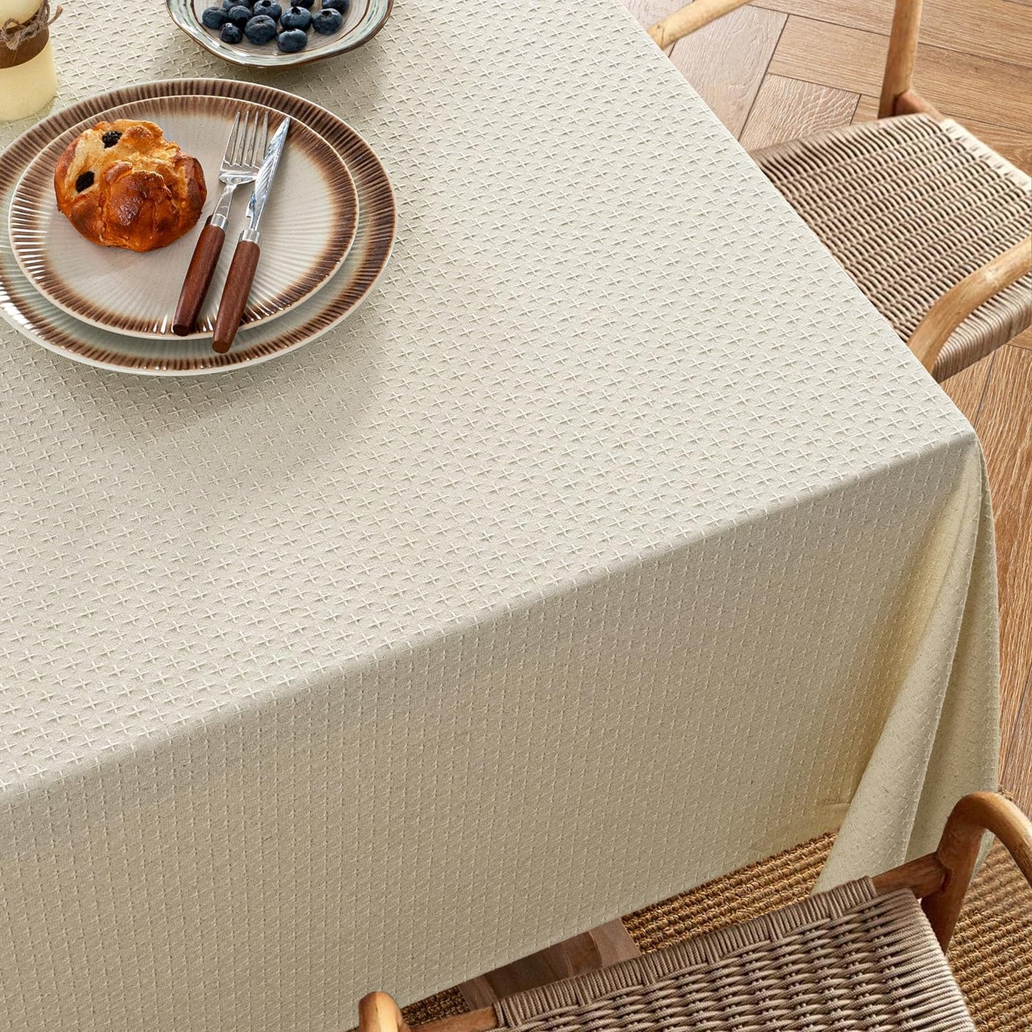 MIULEE Natural Linen Cottton Table Cloth Rectangle Tablecloth Waterproof Spillproof Cross-Star Textured Table Cltoth Decorative Farmhouse Style for Dining Party Weddings 52x70 Inch