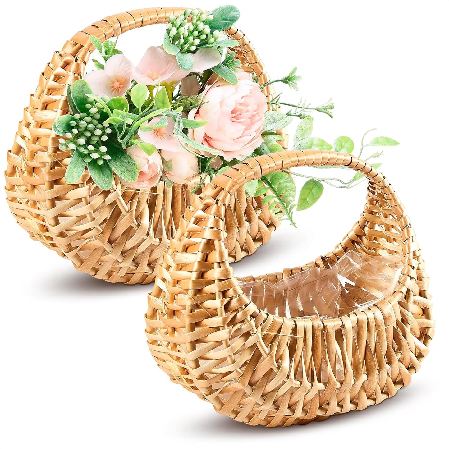 Small Flower Girl Basket Set of 2 – Small Wicker Basket with Handle & Waterproof Lining (6.3" х 5.12" х 3.75") Rustic Style for Wedding Flowers, Sweets & Gifts – Compact, Lightweight & Multifunctional