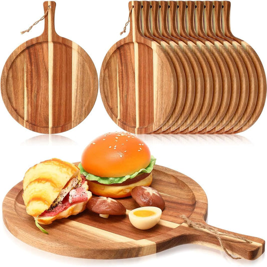 Pizza Boards with Handle 14 inch,Pizza Cutting Board Set of 6,Acacia Wood Pizza Peel 14 inch,Pizza Serving Tray Wood,Wooden Pizza Paddle Round,Small Charcuterie Boards for Cheese,Bread & Meat