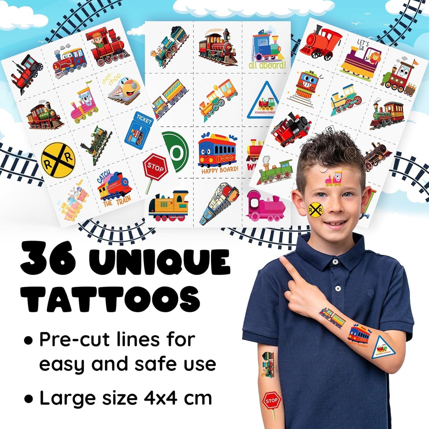 60 PCS Train Party Favors Set - 36 Temporary Tattoos Sticker & 24 Slap Bracelets for Kids, Perfect for Birthday Parties, Classroom Rewards and Gifts