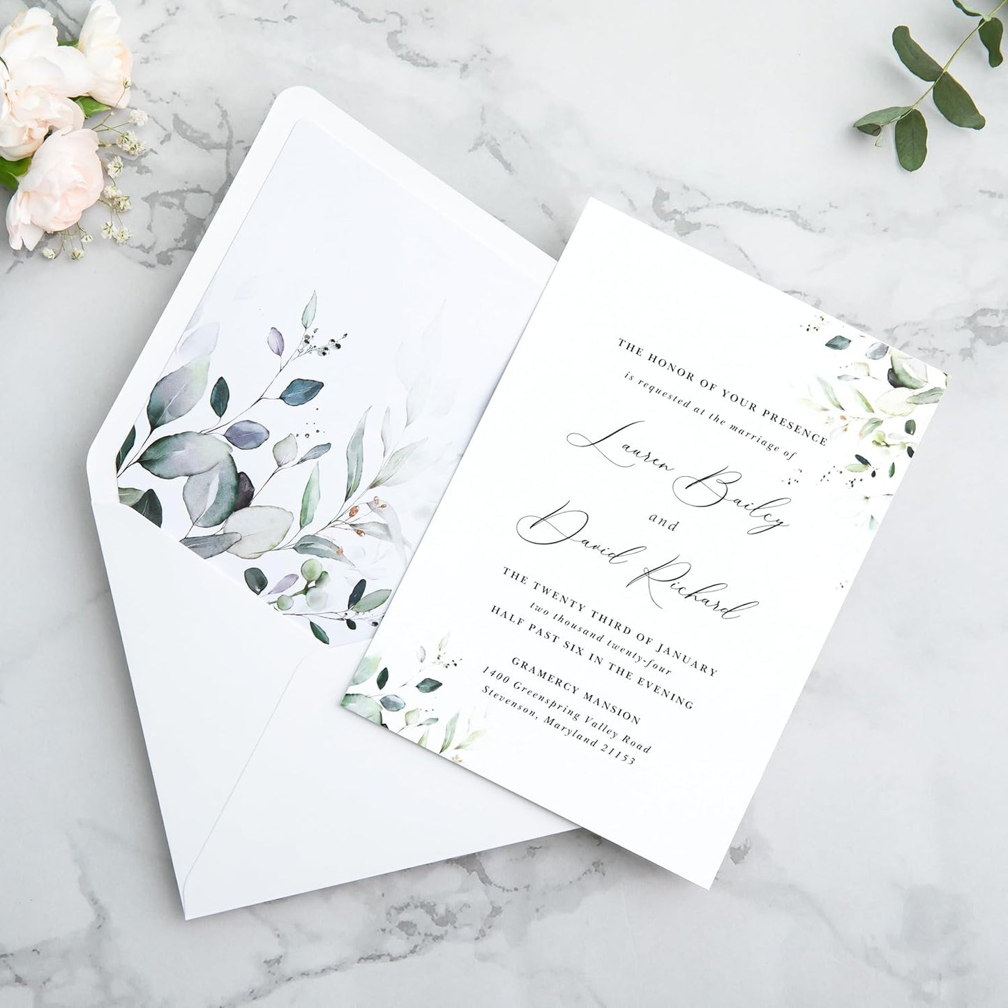 PONATIA 50PCS A7 Euro Flap Envelopes, 5.25 x 7.25'' Liner Envelope For 5x7'' Weddings Invitation Cards, Christmas Gift Cards, Acrylic Invitations, Photos (White & Sage Green Leaves)