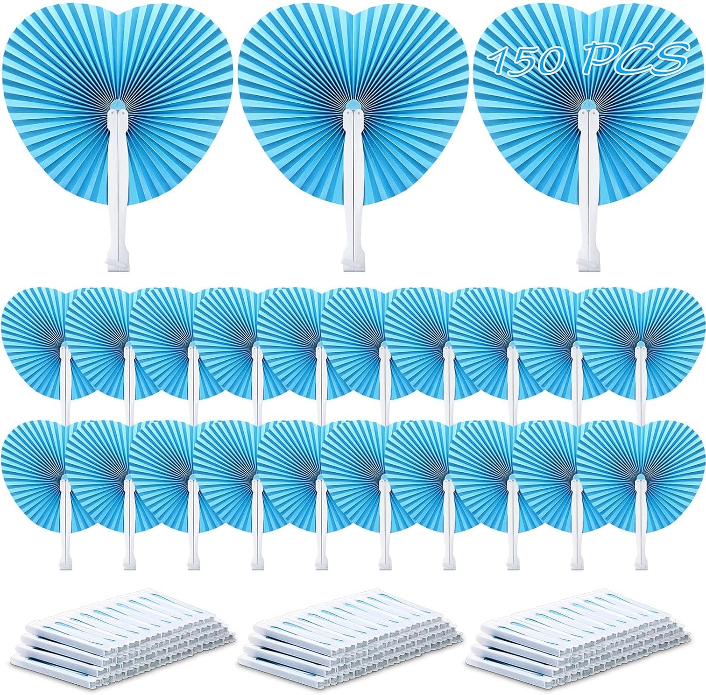 Unittype 150 Packs Wedding Paper Fans Heart Shaped Folding Handheld Fans for Wedding Decorate Guests Favor Anniversary Birthday Party Supplies Home Decor(Baby Blue)