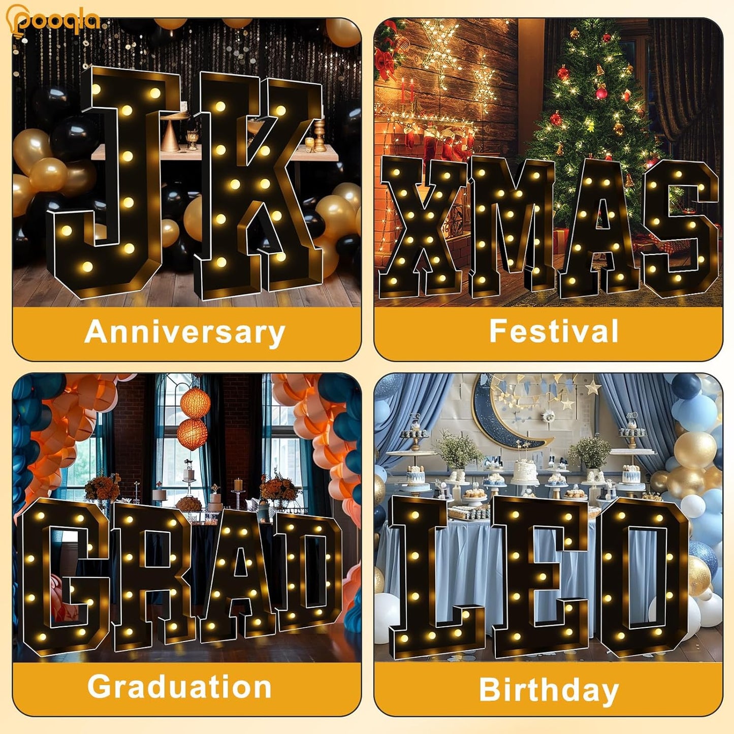 Pooqla 3FT Marquee Light Up Letters, Black LED Party Decor Large Marquee Letters 3 Feet Tall, Giant Mosaic Letter for Birthday Graduation Anniversary Wedding Decoration, Letter K