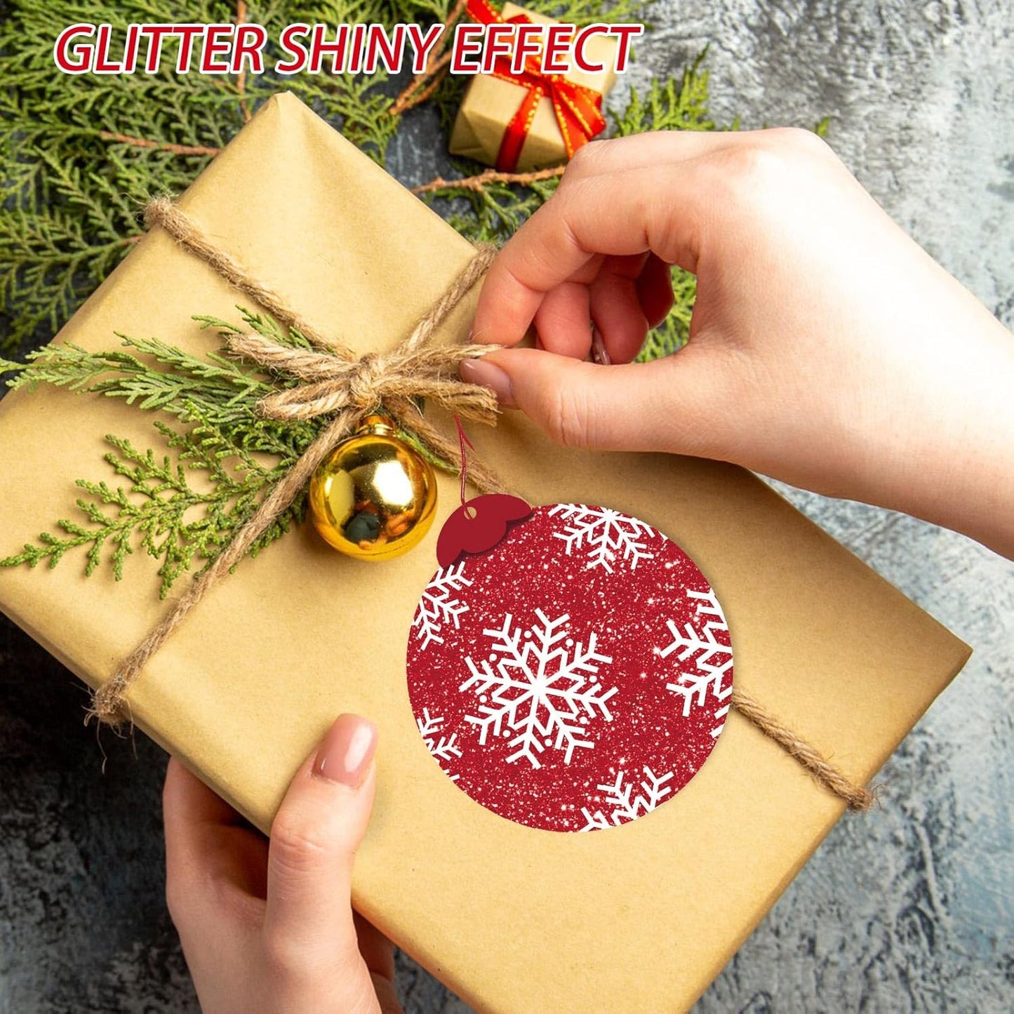 Christmas Gift Tags, 63Pcs Christmas Hanging Labels with String, Christmas Name Tags for Gifts, Glitter Foil Printed Xmas Gift Tags, Santa Snowman Gift Labels for DIY Xmas Holiday Present Wrapping