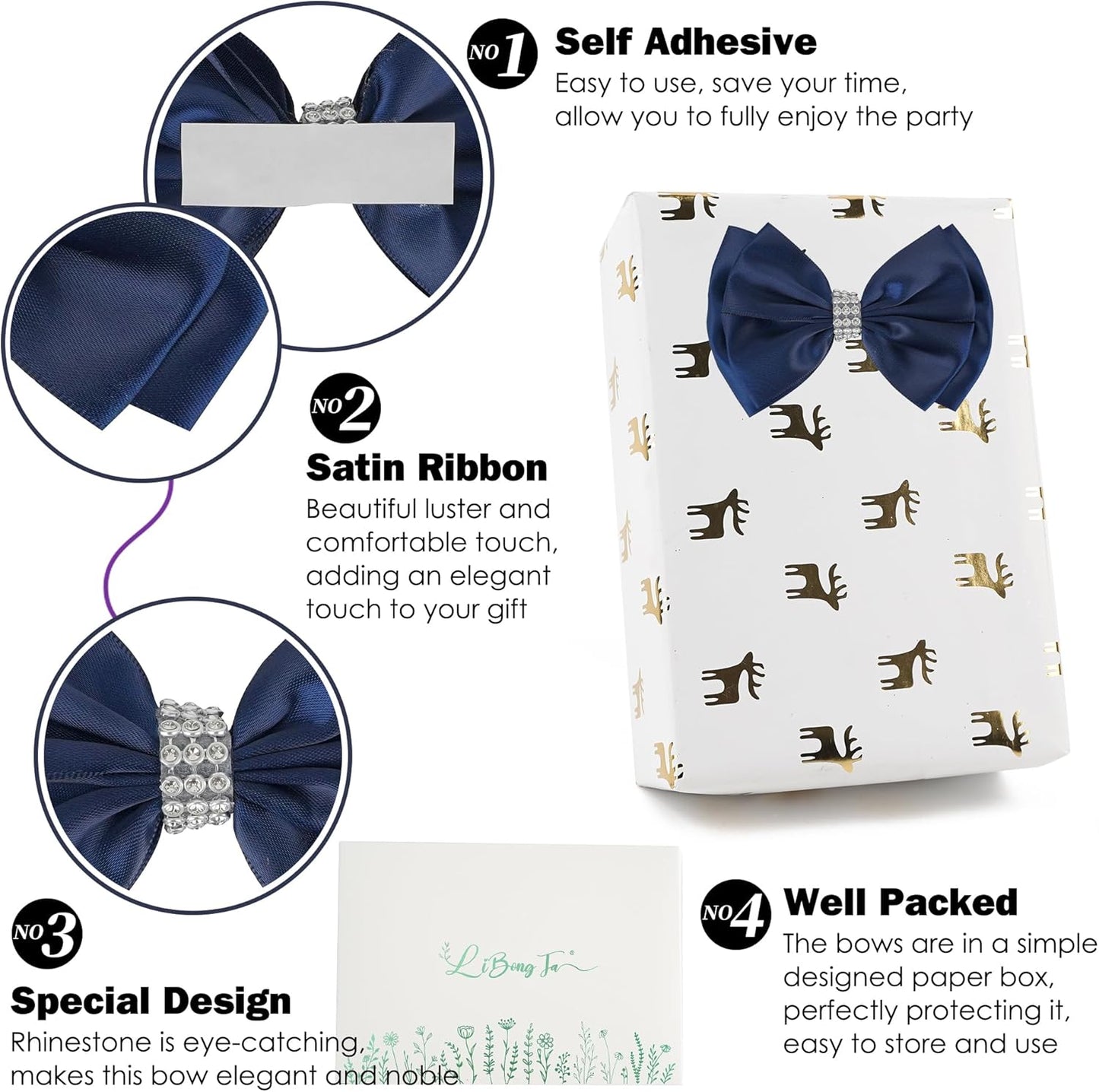 Navy Satin Bows 4'' Premade Blue Ribbon Bow, Gift Bows with Rhinestone, Wrapping Bows for Presents, Greeting Cards, Treat Bags, Wine Bottles, Valentines Bows for Gift Wrapping-12 Counts