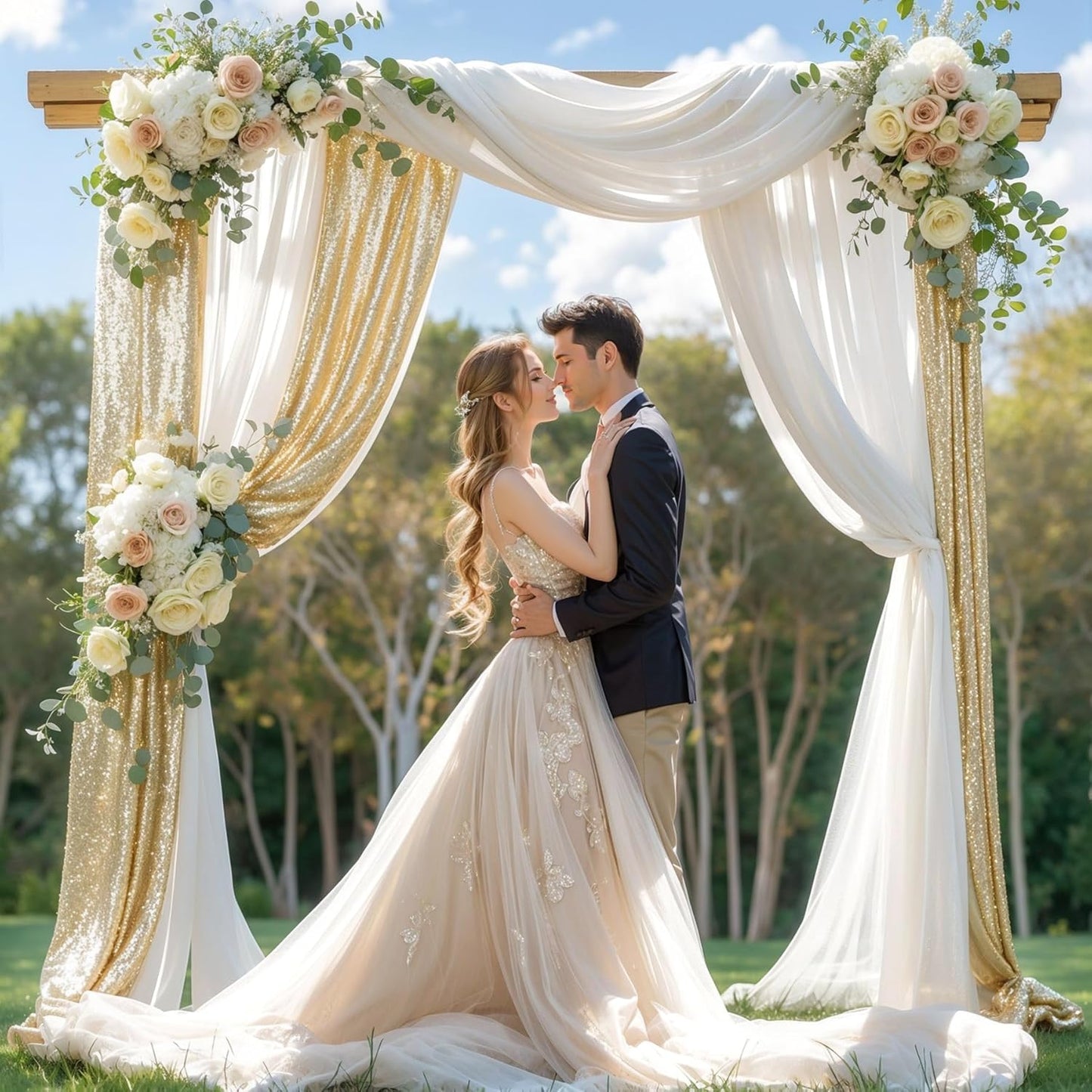 Wedding Arch Draping Fabric, 1 Panel 28" x19ft White Arch Drapes & 1 Panel 16" x19ft Champagne Sequin Fabric Drapes Arbor Backdrop Curtain for Wedding Arch Ceremony Bridal Shower Reception