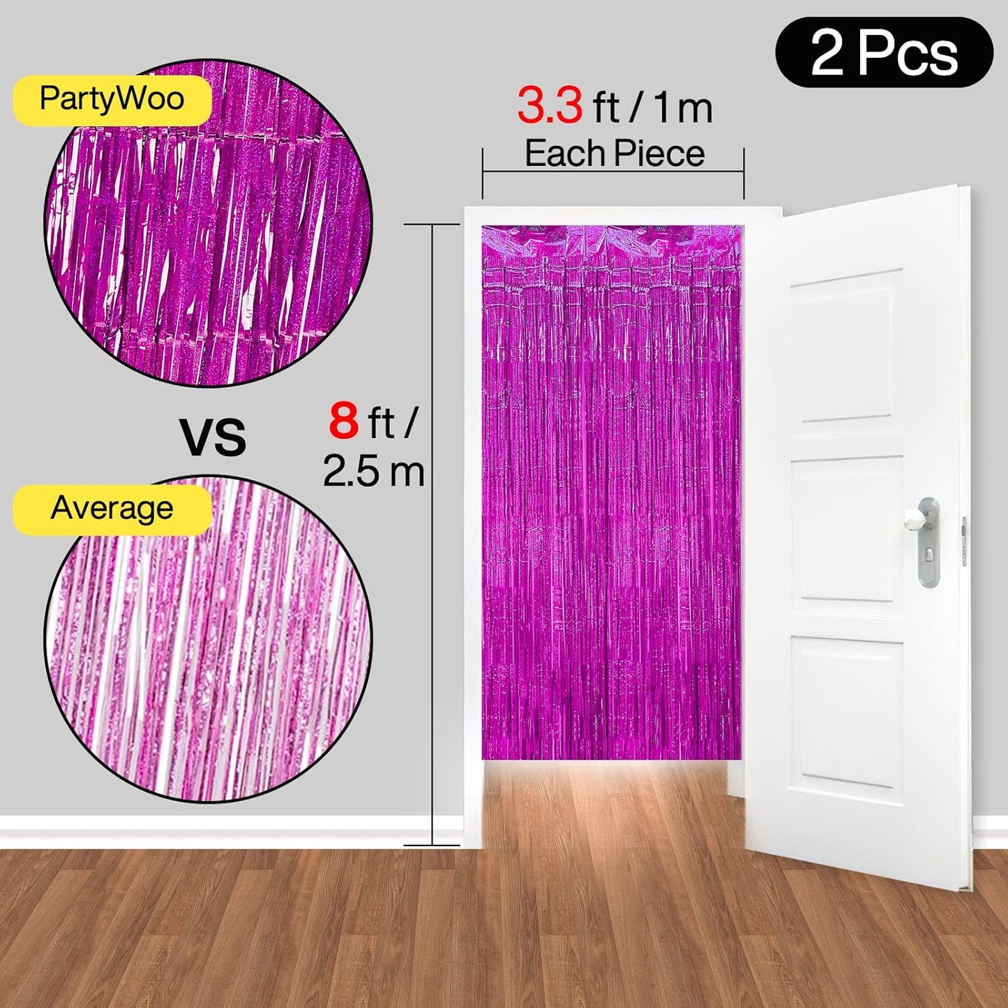 PartyWoo Foil Fringe Curtain Hot Pink, 2 pcs Hot Pink Streamers, Fringe Backdrop, Tinsel Backdrop, Tinsel Curtain, Metallic Door Shimmer, Birthday Party Streamers