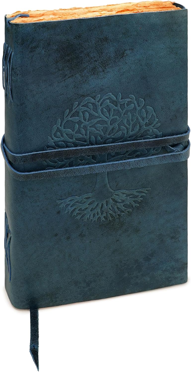 LUXEORIA Tree Of Life Leather Journal for Women and Men, Handcrafted Leather Journal for Writing Womens, Sketchbook, Travel Diary with Unlined Deckle Paper, Dark Blue 8x13