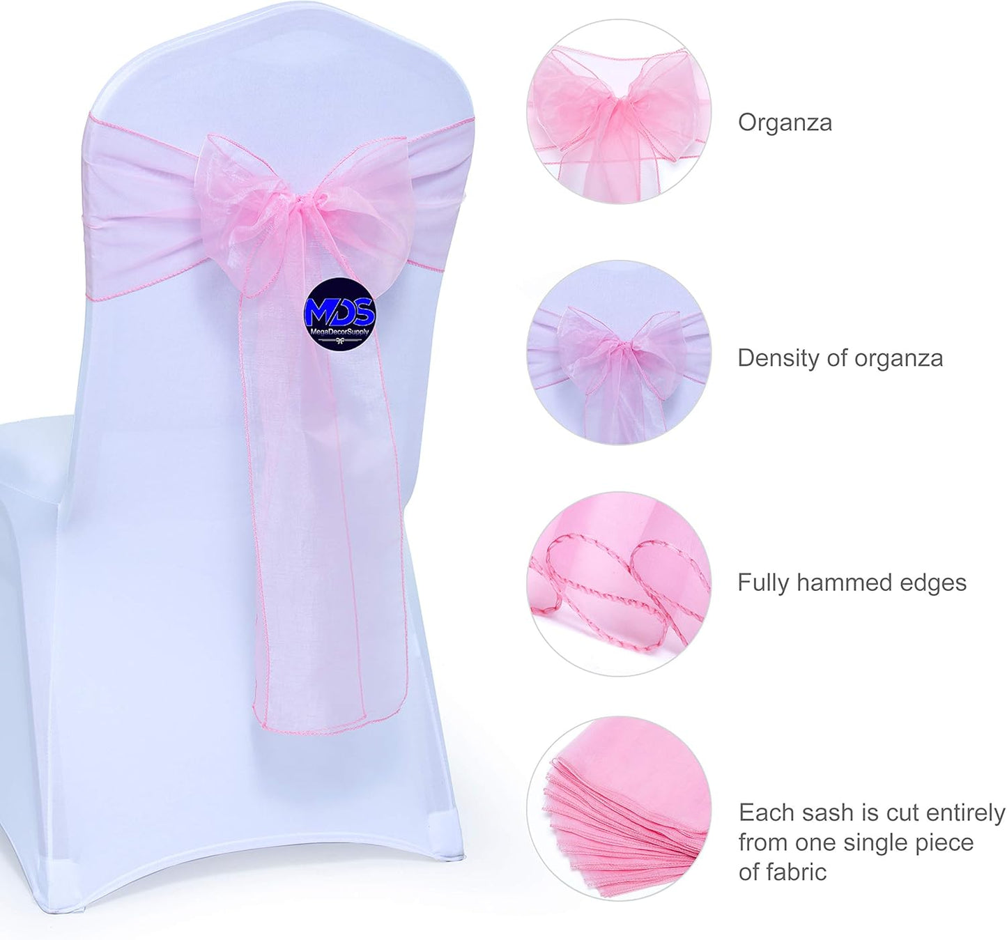 MDS Pack of 125 PCS Organza Chair Sashes Wider Dining Chair Bows Ribbon Tie Back for Wedding Party Birthday Bridal Shower Reception Event Banquet Home Chair Cover Decoration - Blush Pink