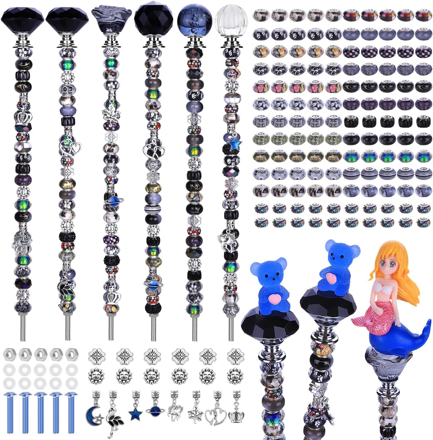 158 Pcs DIY Fairy Wand Garden Stakes Kit,Multiple Color Scheme European Beads Crystal Diamond Tops and 12 or 10 Inch Threaded Rods,Stainless Steel Stakes with Diamond Toppe (Black)