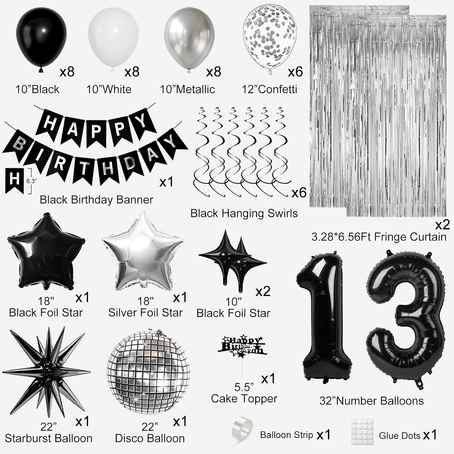 13th Birthday Decorations for Boys Girls, Black Silver Happy Birthday Party Decorations， 13 Year Old Party Supplies with Number 13 Balloons, Banner, Fringe Curtains Kit