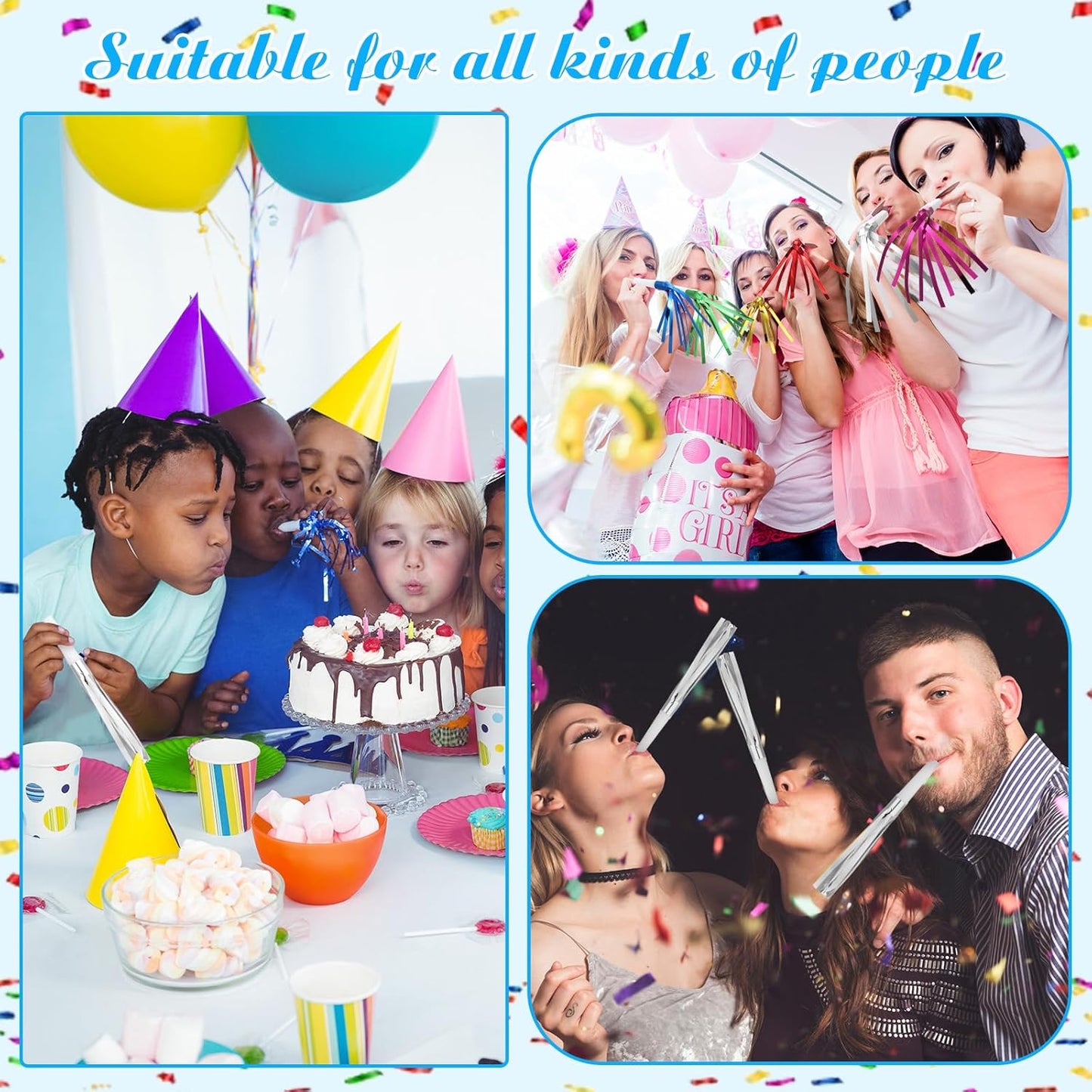 24 Pcs Silver Noise Makers Glitter Metallic Fringed Noise Makers Horns for Baby Shower, Kids Birthday, New Year Party Favor