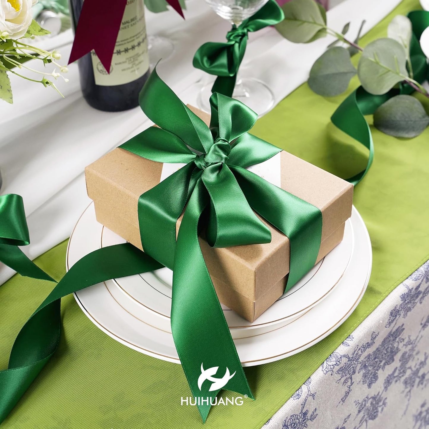 HUIHUANG 1-1/2 inch Double Face Satin Ribbon, Polyester Forest Green Ribbon 50 Yards Per Roll for Gift Wrapping Bows Making Floral Bouquet Christmas Tree Decor Party Favor and Craft Supplies