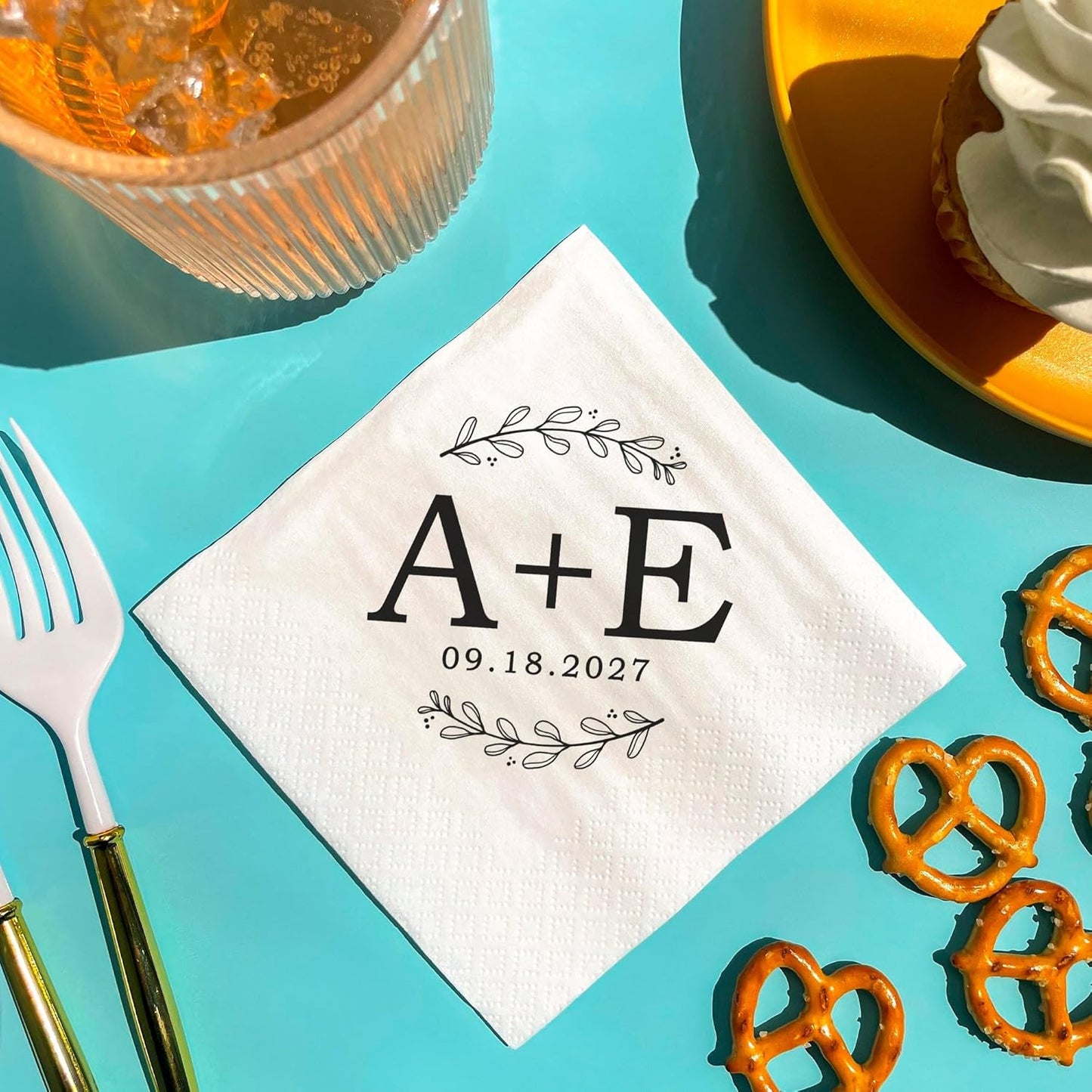 Big Dot of Happiness Personalized Rustic Leaves Monogram Wedding Napkins, Custom Engagement or Anniversary Party Laurel Wreath Branch Decor, White 3-Ply Paper Beverage Napkins - 50 Count