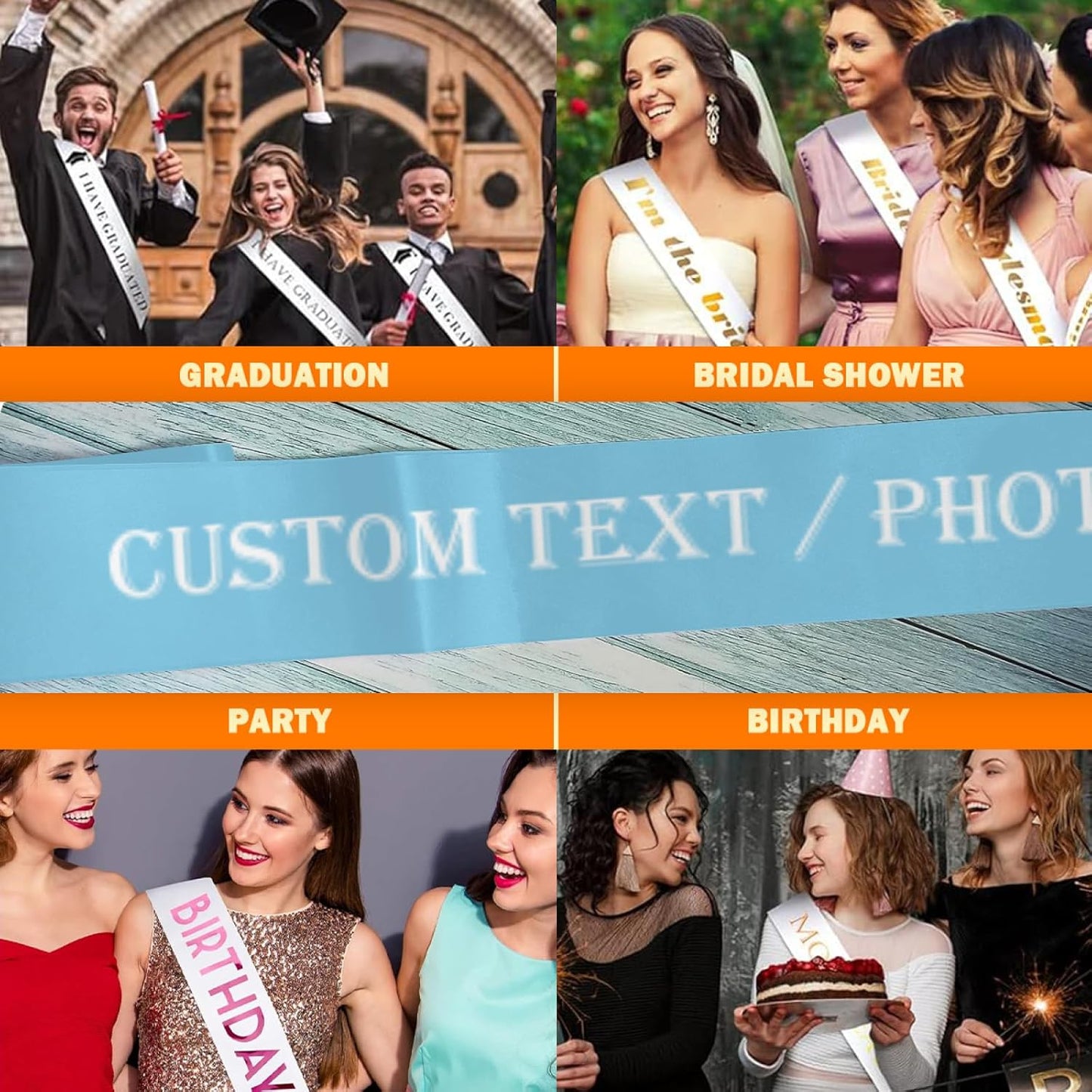 Custom Sash,Personalized Birthday Sash with Text Photo,Customized Bachelorette Sash Quote Sash Bride to Be Sash Color Optional (No decorative edge, Cyan)