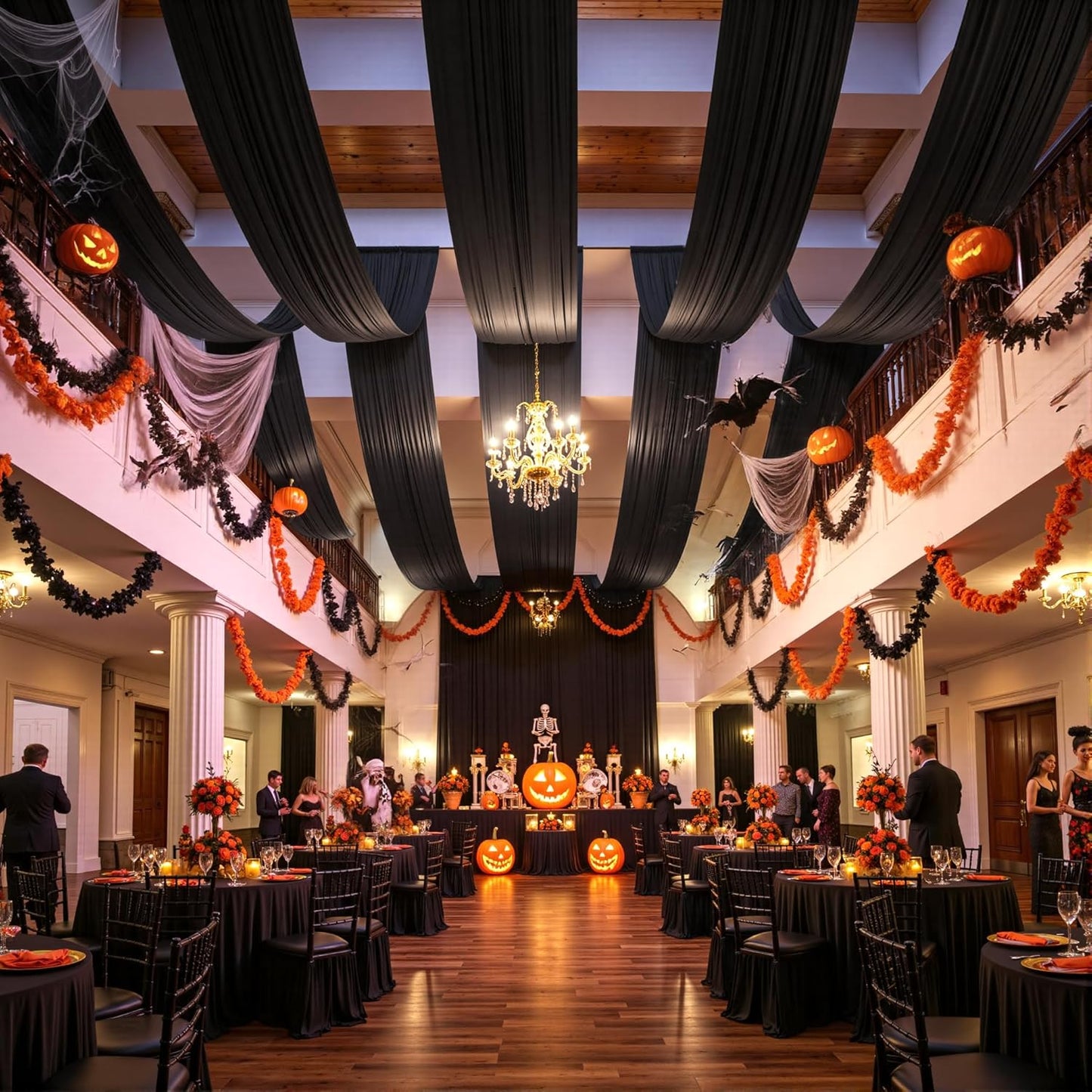 PartyVillage 2 Panels 5ftx30ft Black Ceiling Drapes for Halloween Parties – 30 FT Extra Long Thick Polyester Wrinkle-Free Drapery Tent Decor Decorations for Birthday Party Ceremony Stage Swag