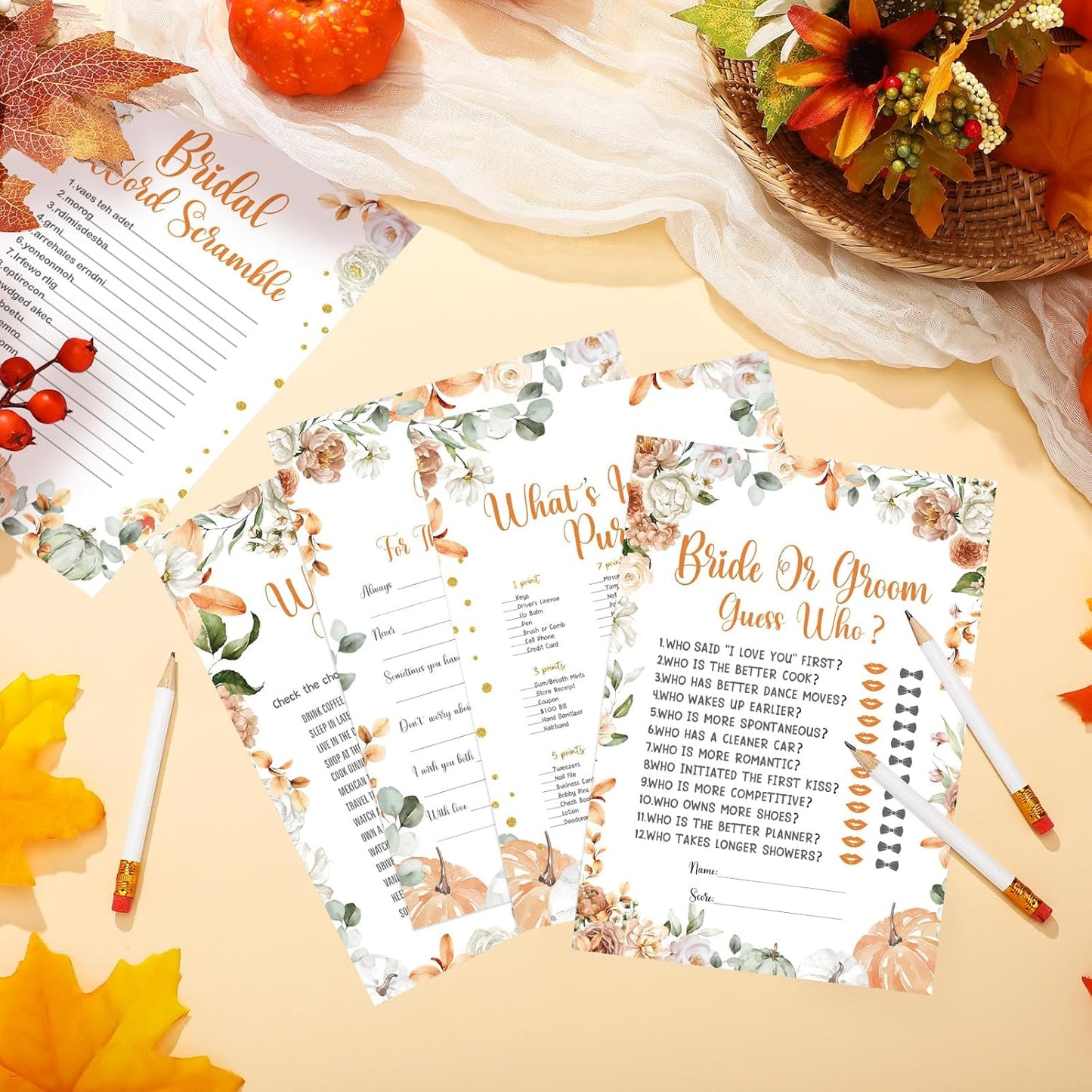 Teling 145 Pieces Bridal Shower Game Bridal Shower Favors Set Wedding Games Cards and Pencils for Bride Groom Bachelorette Party Wedding Party Favor(Little Pumpkin Style)