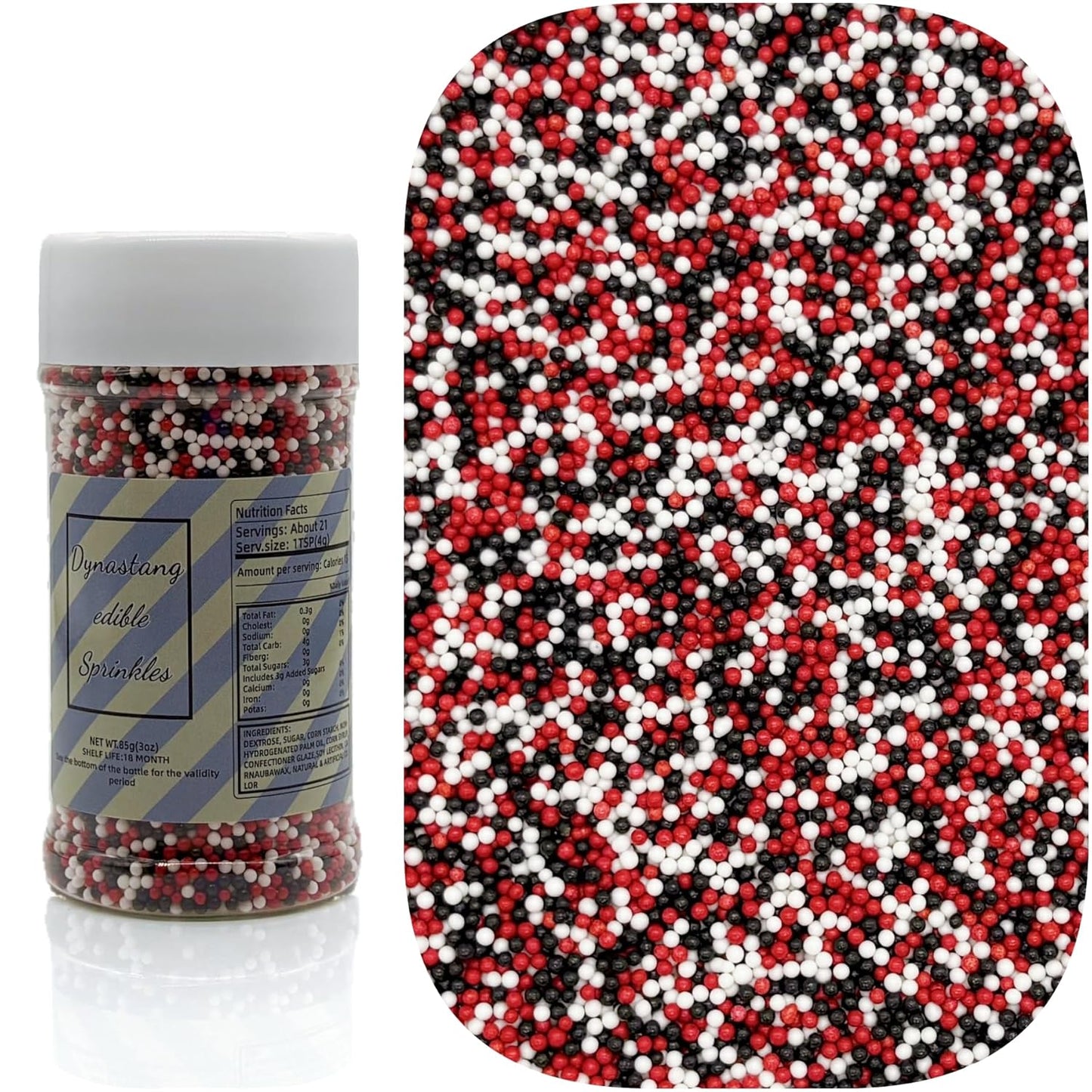 Dynastang 2mm Red & Black & White Pearls Sprinkles Edible Pearls Cake Decorating Stars Cake Decorations Cupcake Toppers Cookie Decorating Perfect for Cakes, Cupcakes, Desserts Toppings 3OZ