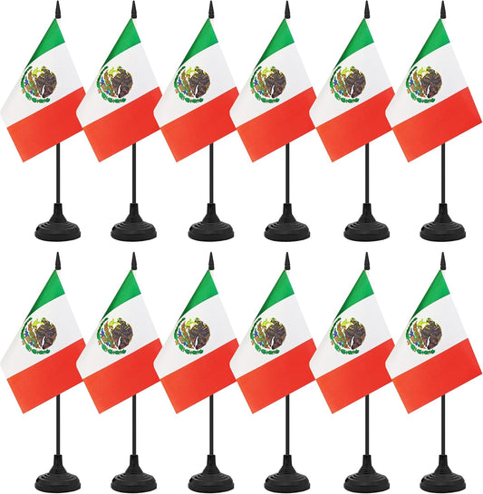 12 Pack Mexico Desk Flag Set, Mexican Table Office Flag, Small Miniature Desktop Flag With Black Pole and Black Base, Classroom, Offices Meeting Desk Decoration (Mexico)