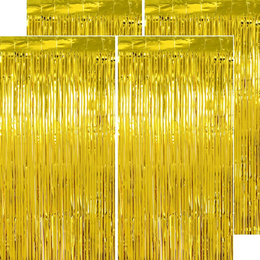 Christmas Decorations Gold Streamers Thicken 4 Pack 3.2 x 8.2 FT - Golden Tinsel Foil Fringe Backdrop Curtains Party Backdrop for Birthday, Prom, Hollywood, Anniversary Party Decorations