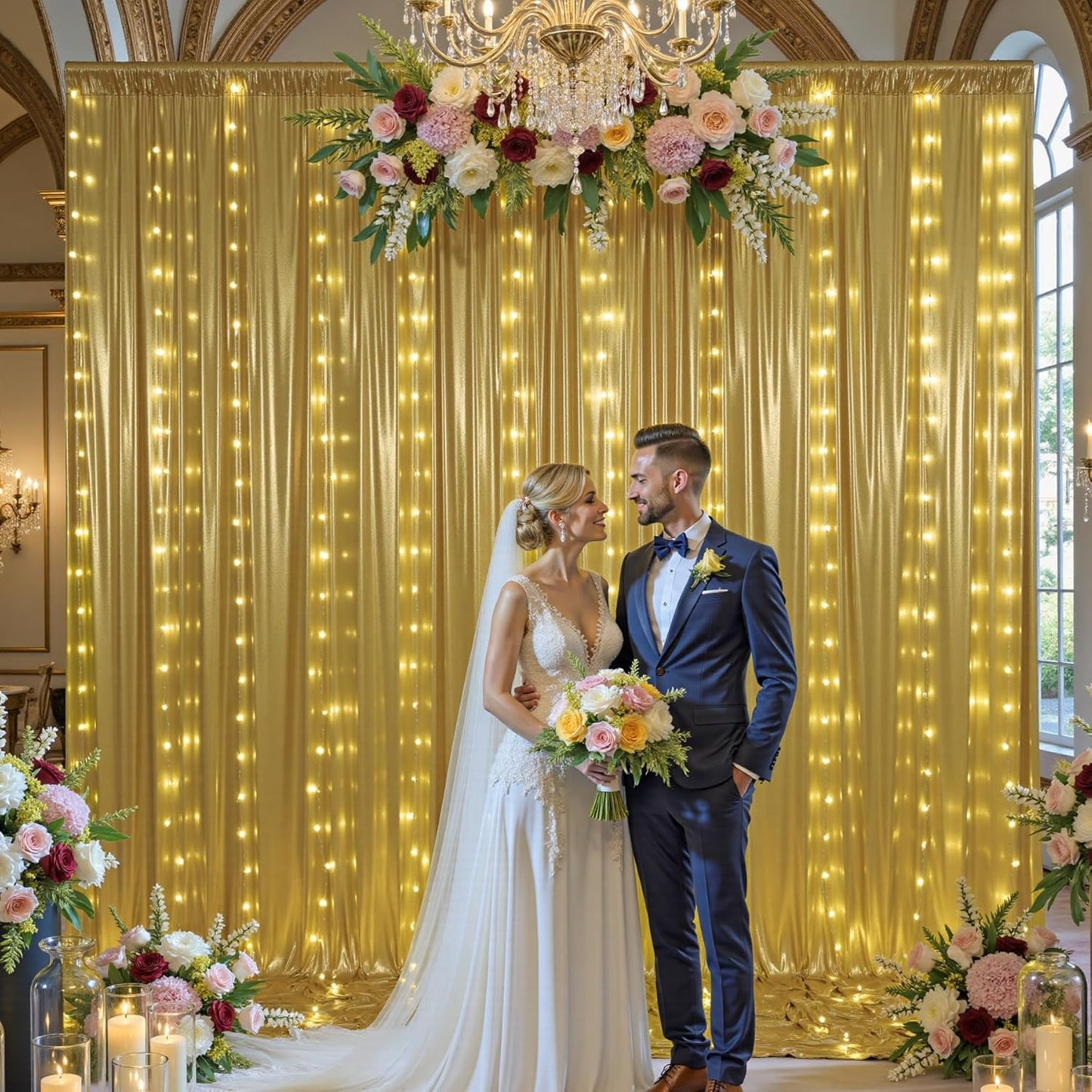 10x10 ft Gold Sequin Backdrop Curtain with Lights for Parties, Wrinkle Free Glitter Photo Backdrop Drapes Shimmer Back Drop Cloth with Light Strings for Wedding Birthday Photography Background