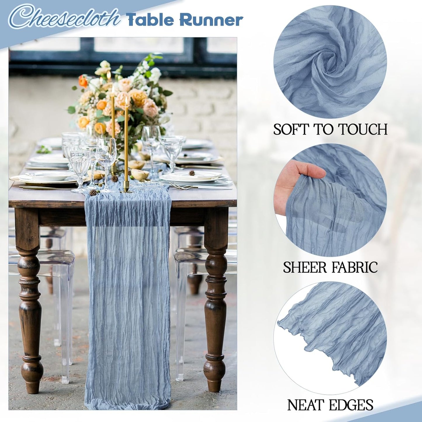 Aktor 4 Pack Dusty Blue Table Runner Boho Cheesecloth Table Runner Semi Sheer Gauze Fabric Runners for Wedding Birthday Baby Shower Party Boho Table Decoration（Dusty Blue）