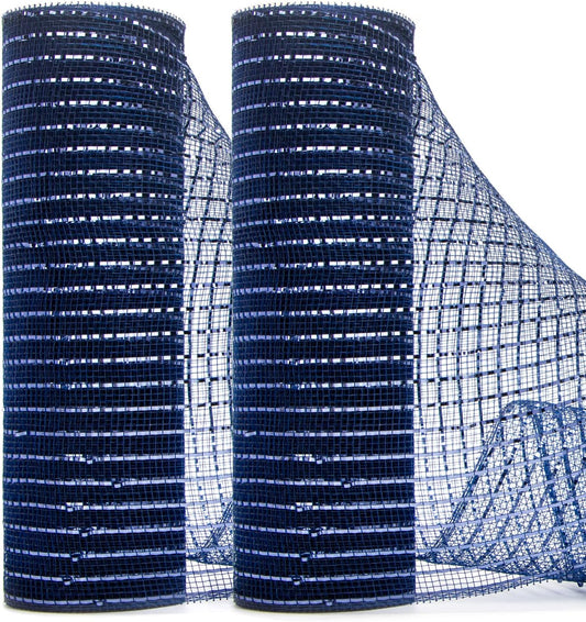 Ribbli 2 Rolls Navy Blue Mesh Ribbon,10 inch x 30 feet(10Yard) Each Roll,Metallic Navy with Navy Wide Foil,Use for Wreath Swags and Decorating