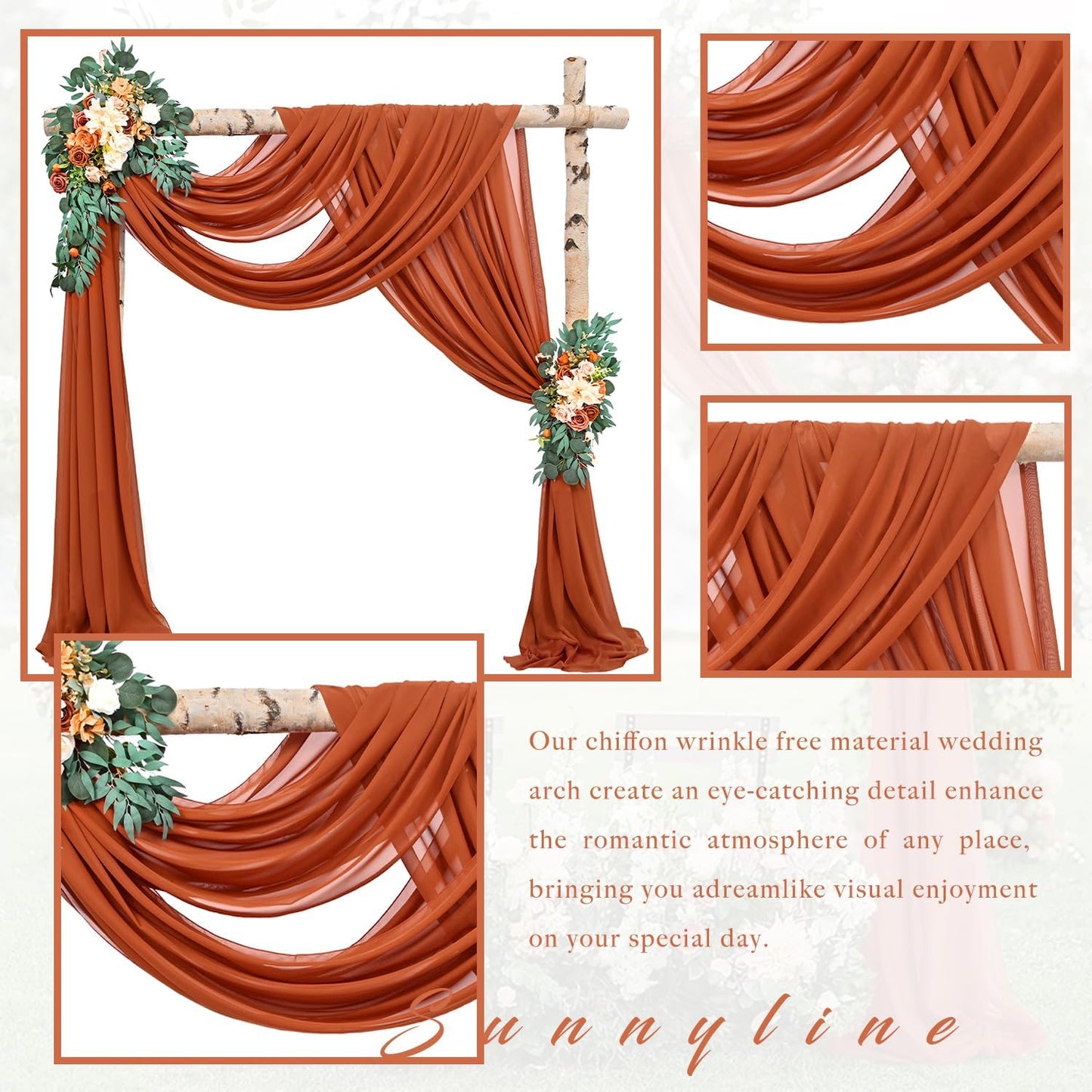 Wedding Arch Draping Fabric 4 Panels 20Ft Length x 28" Width Terracotta Photography Arch Drapes Chiffon Fabric Sheer Curtains Backdrop for Party Bridal Wedding Ceremony Ceiling Stage Reception Decor