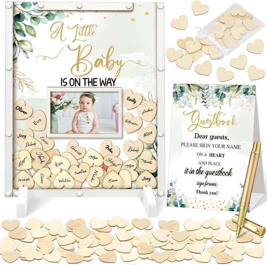 65 Pcs Greenery Baby Shower Guest Book Alternatives He or She Gender Reveal Decorations Sign in Guest Book with Picture Frame and 60 Wooden Chip a Little Baby is on The Way Decorations
