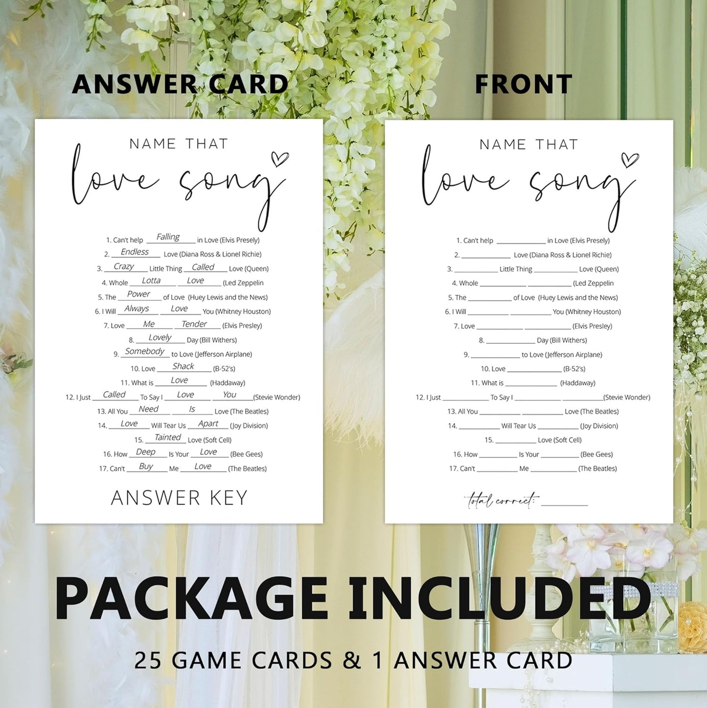 Bridal Shower Games, Name that Love Song, 25Pcs Minimalist White Double-Sided Bridal Game Cards with 1 Answer Key, Wedding Shower Games for Guests, Engagement Bachelorette Party Supplies - A06