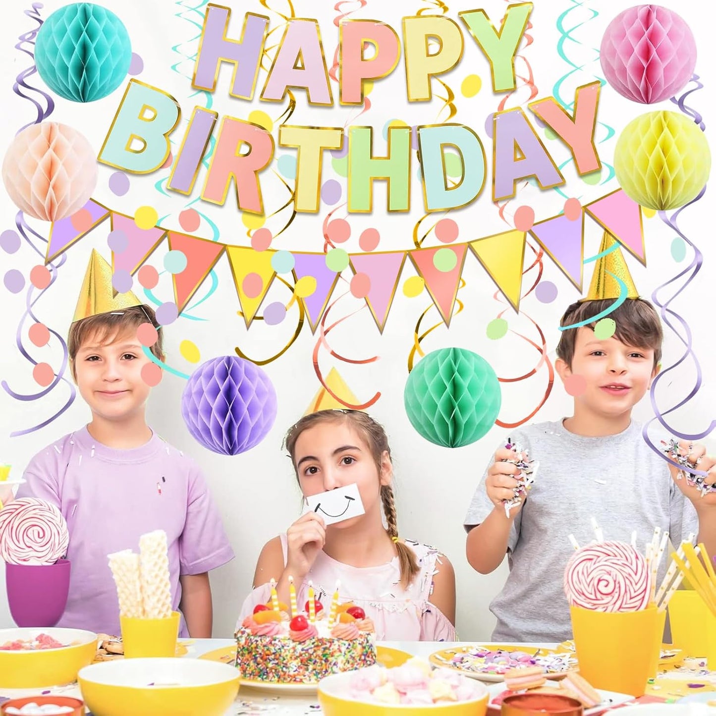 Fecedy Macaron Superlarge Alphabet Happy Birthday Banner Colorful Flag Bunting Circle Confetti Garland Swirl Streamers Honeycomb Ball for Birthday Party Decorations