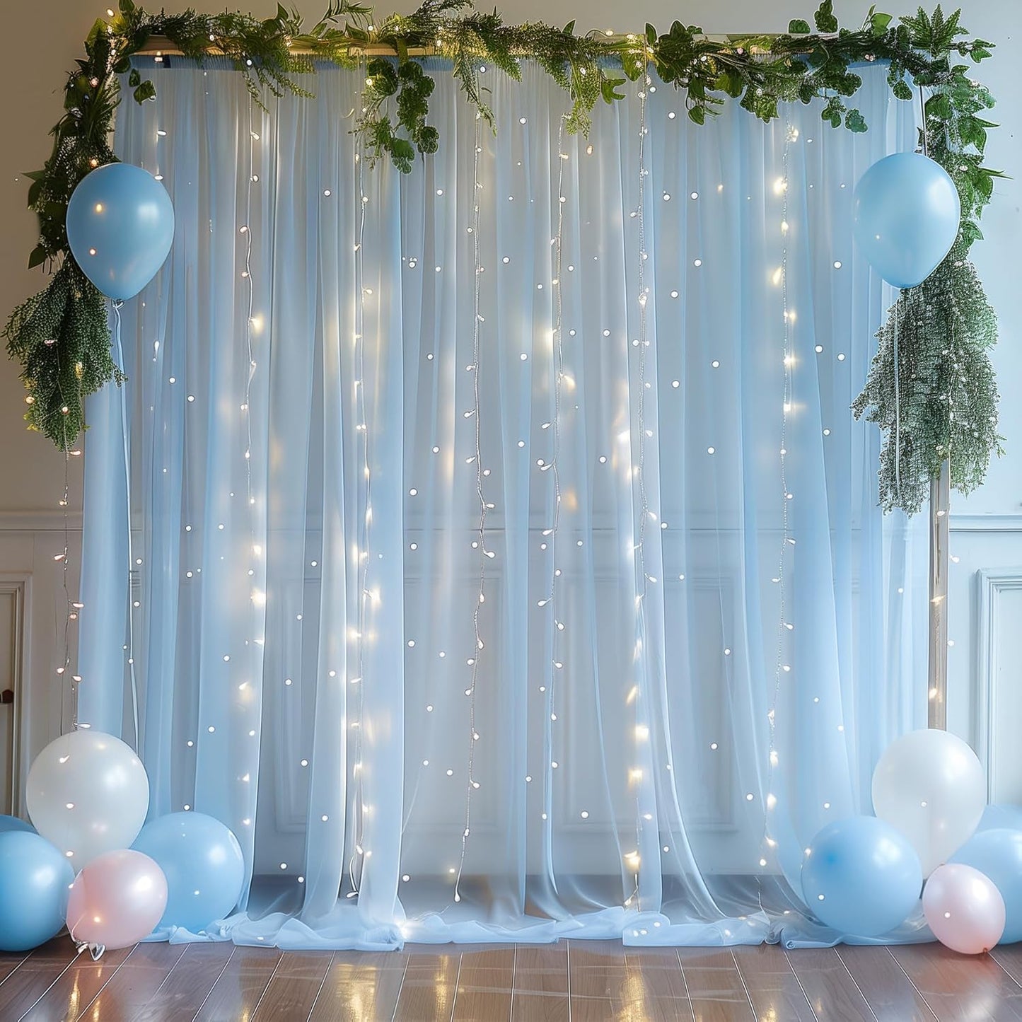 20×10ft Blue Tulle Backdrop Curtain with Lights String for Parties, Sheer Photo Backdrop Curtains for Wedding Party Photography Background