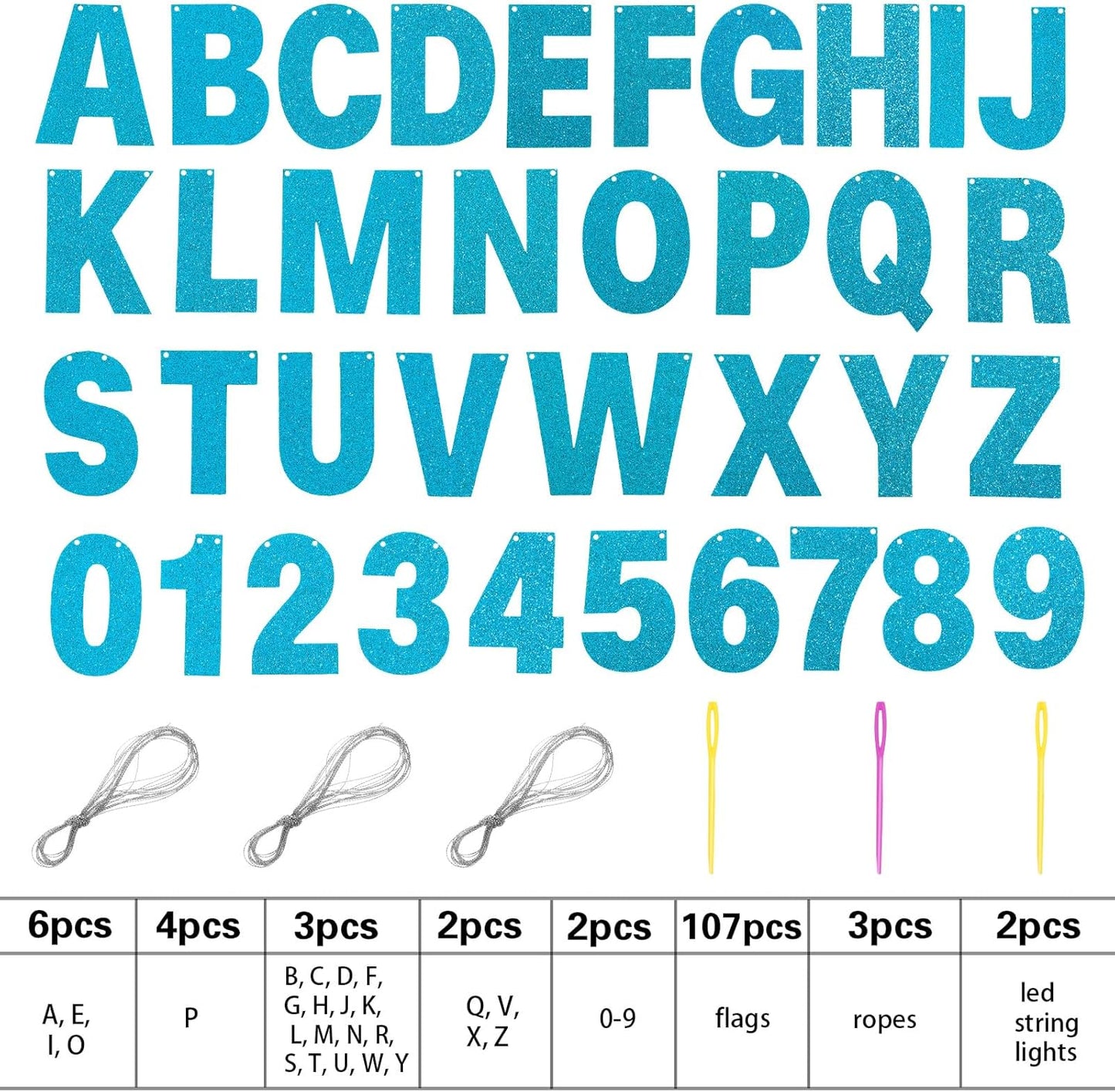 TaoBary 112 Pcs DIY Letter Kit Glitter Customizable Banner Letters Include 107 Letters and Numbers 3 Rope and 2 Needles for Birthday Halloween Christmas Wedding Valentine Party Decor(Baby Blue)