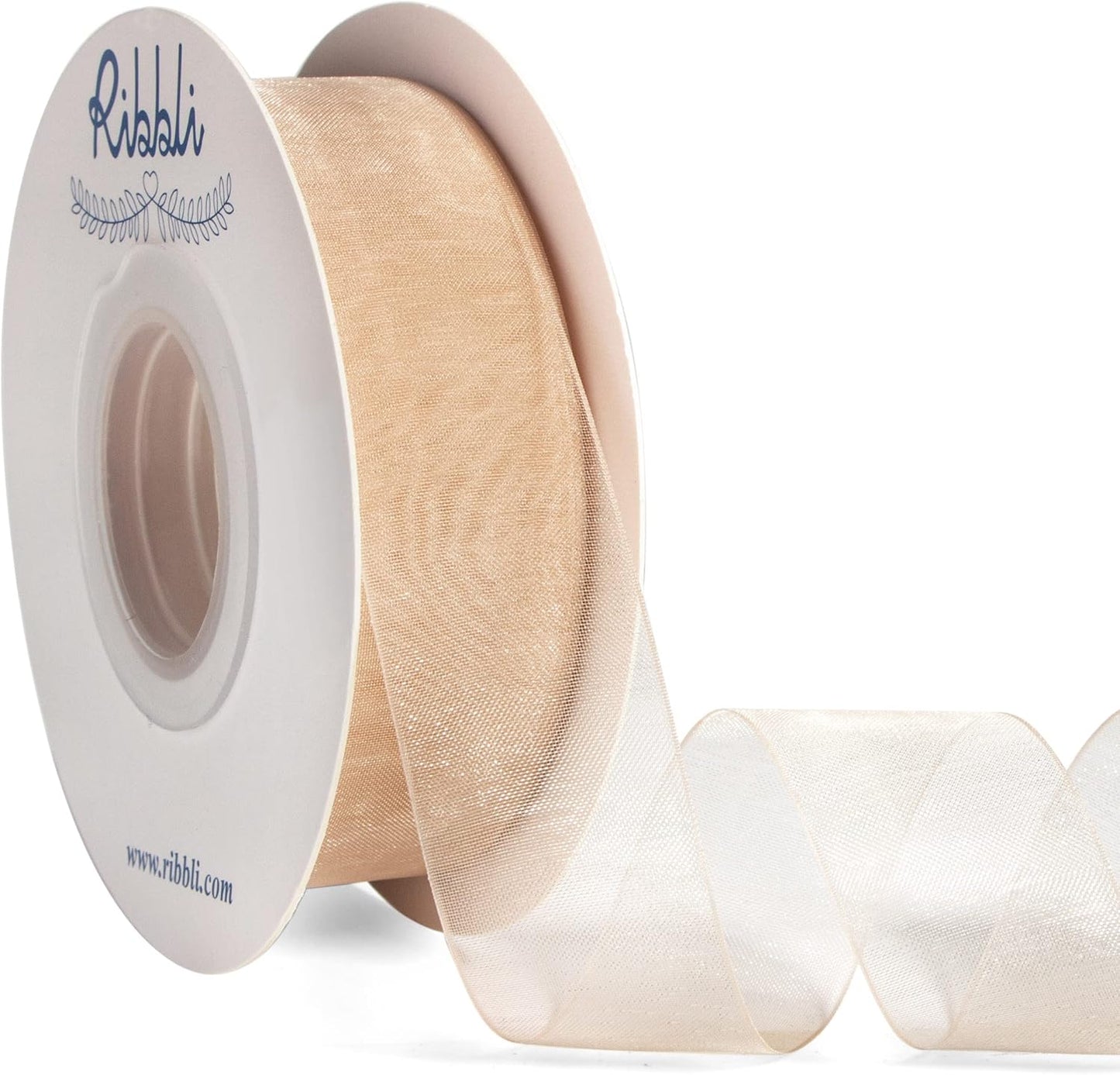 Ribbli Champagne Organza Ribbon,1 Inches x Continuous 50 Yard, Champagne Sheer Ribbon for Gift Wrapping,Cookie Wrapping,Wedding Decoration,All Crafting and Sewing