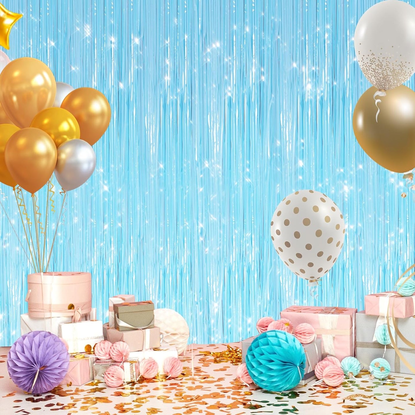 GCB 2Pack Macaron Blue Metallic Tinsel Foil Fringe Curtains, Pastel Blue Door Streamers Photo Booth Backdrop for Birthday Party, Tinsel Curtain Backdrop for Baby Shower Bachelorette Party Decorations